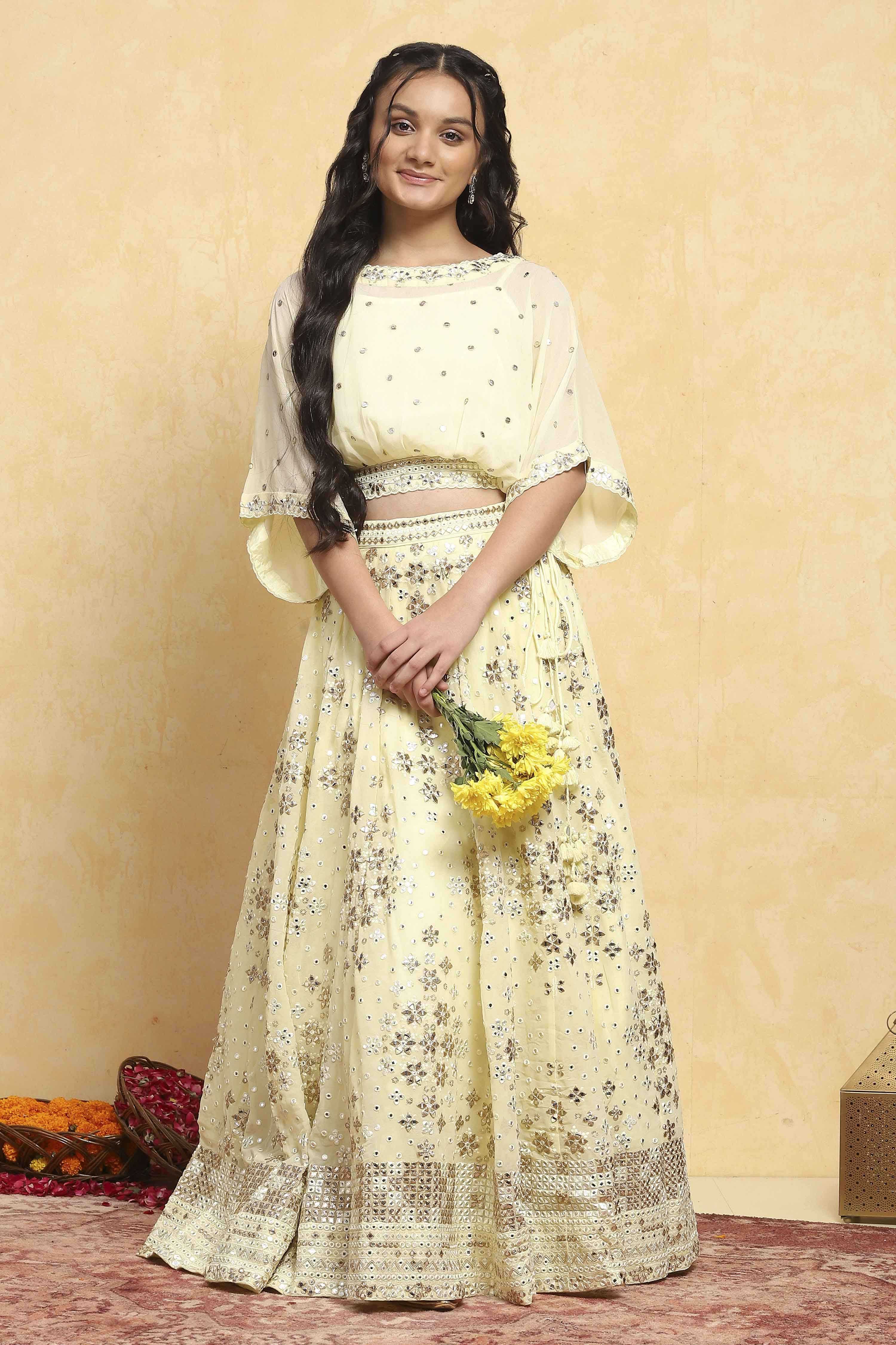 Neutral Polyester Embroidered Kalidar Lehenga Set image number 0