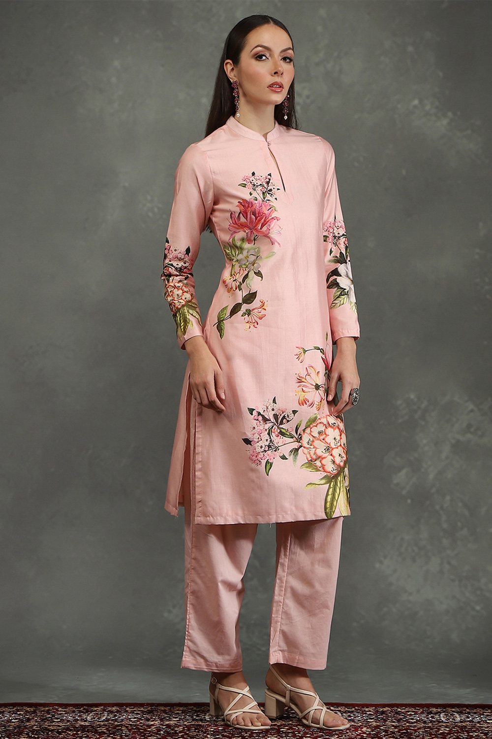 Ivory Silk Chanderi Floral Printed Straight Kurta Set image number 4