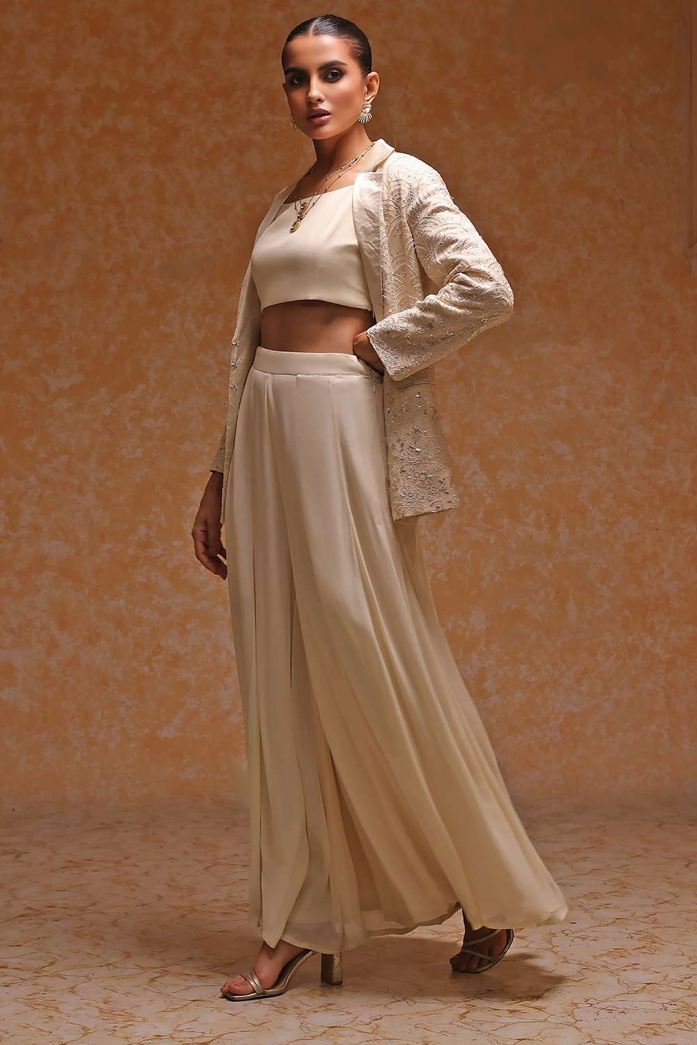 Ivory Poly Georgette Embroidered Fusion Set image number 3