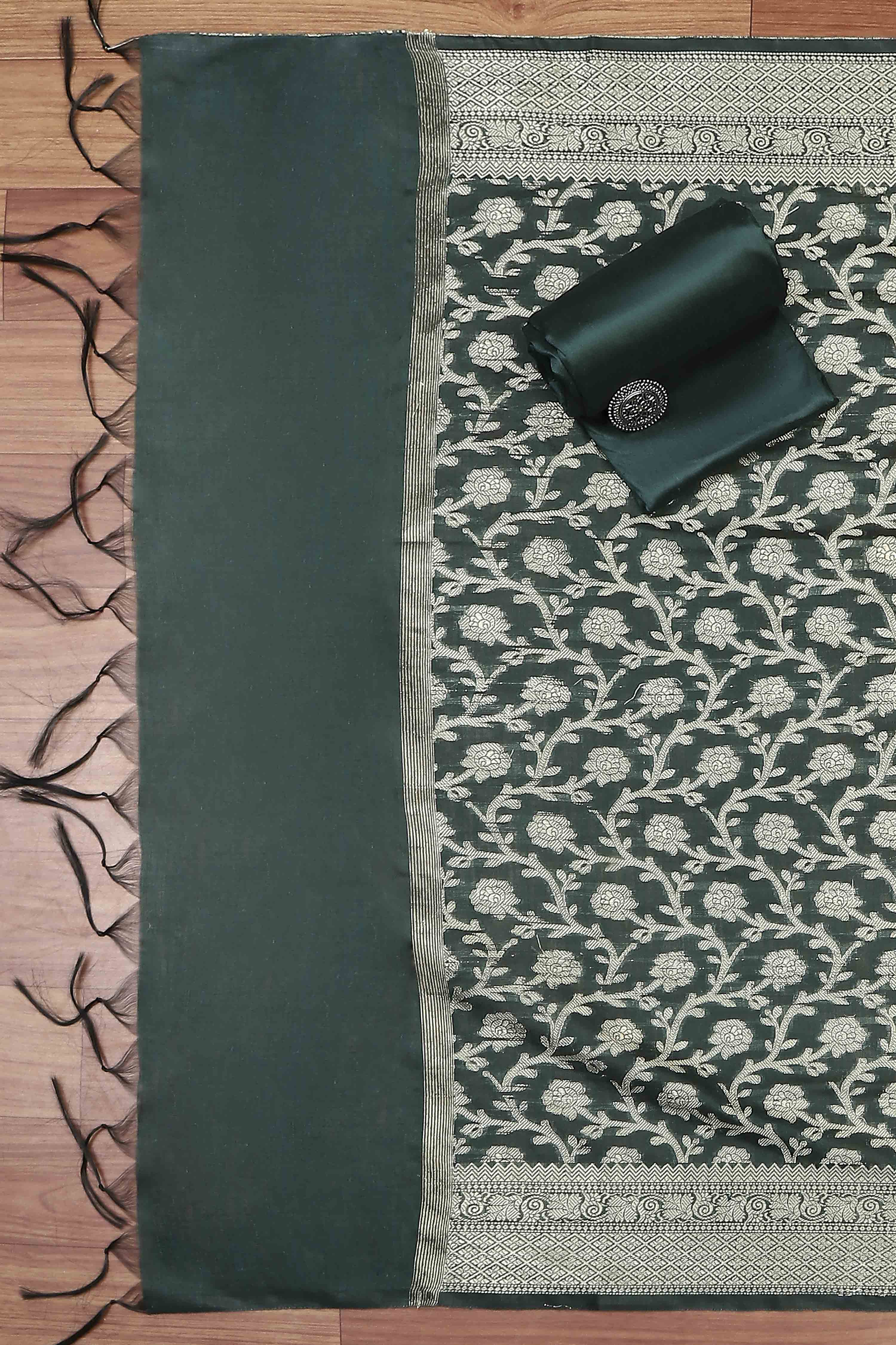 Green Black Poly Cotton Banarasi Unstitched Suit Set image number 3