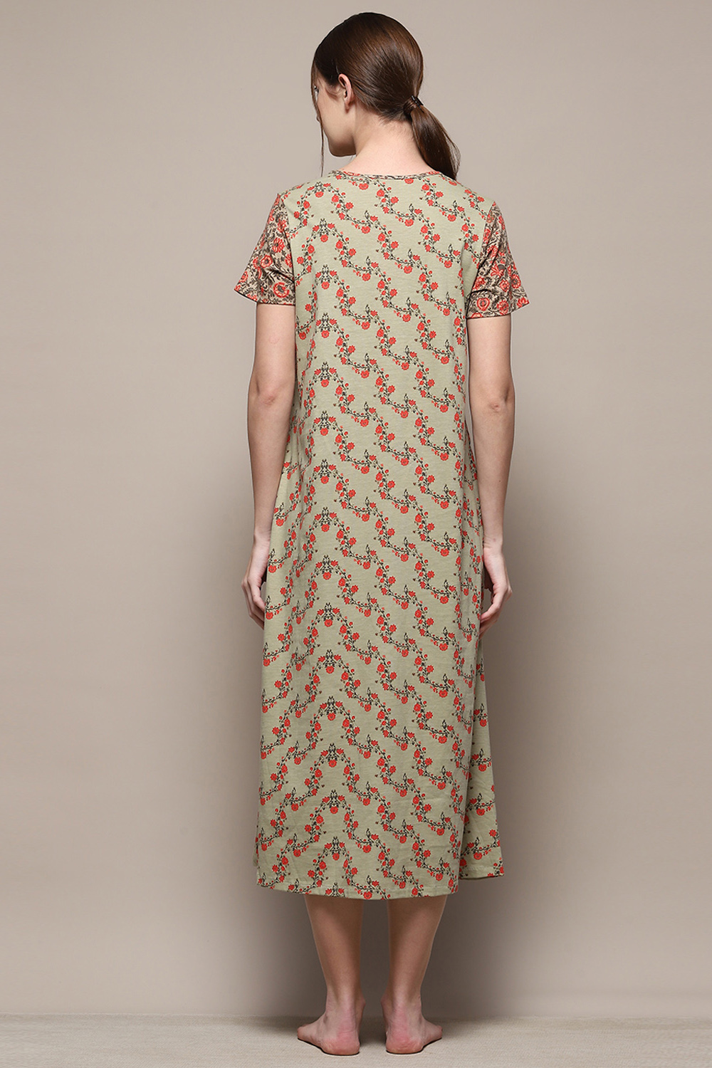 Sage Green Cotton Blend Printed Nightdress image number 3