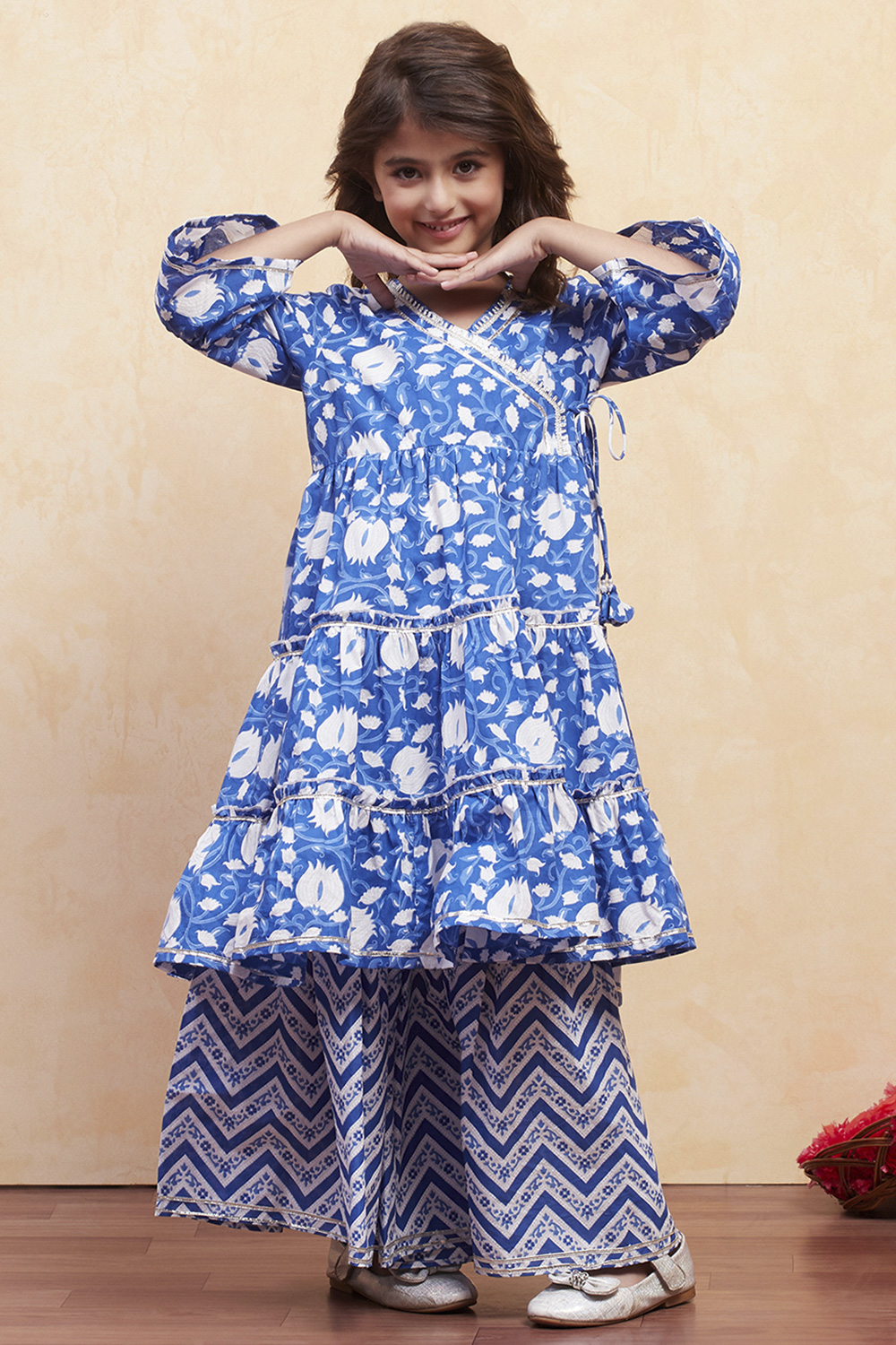 Pink Cotton Angrakha Tiered Kurta Set image number 6