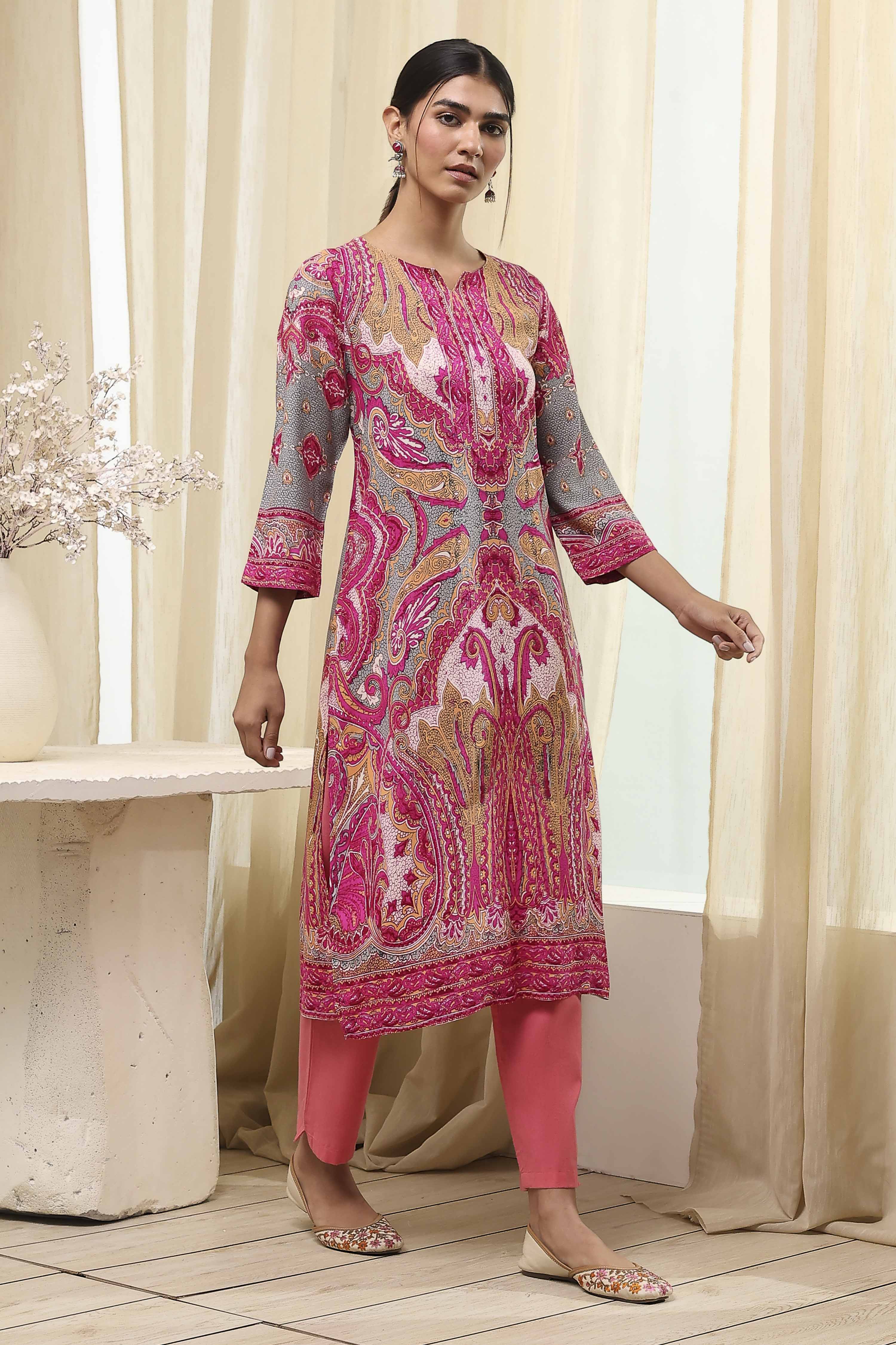 Pink Printed Straight Kurta image number 4