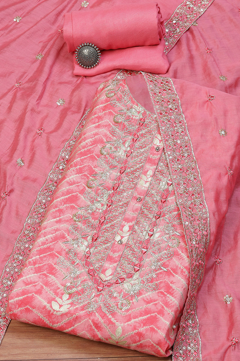 Pink Modal Machine Embroidered Unstitched Suit Set image number 0