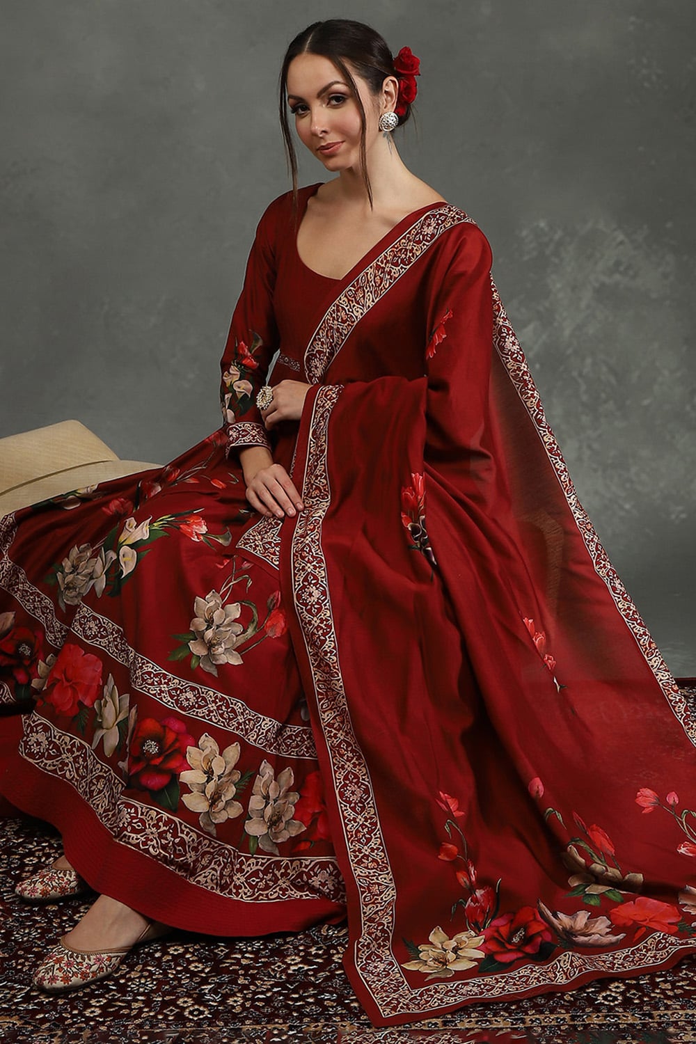 Maroon Silk Chanderi Floral Anarkali Suit Set image number 0