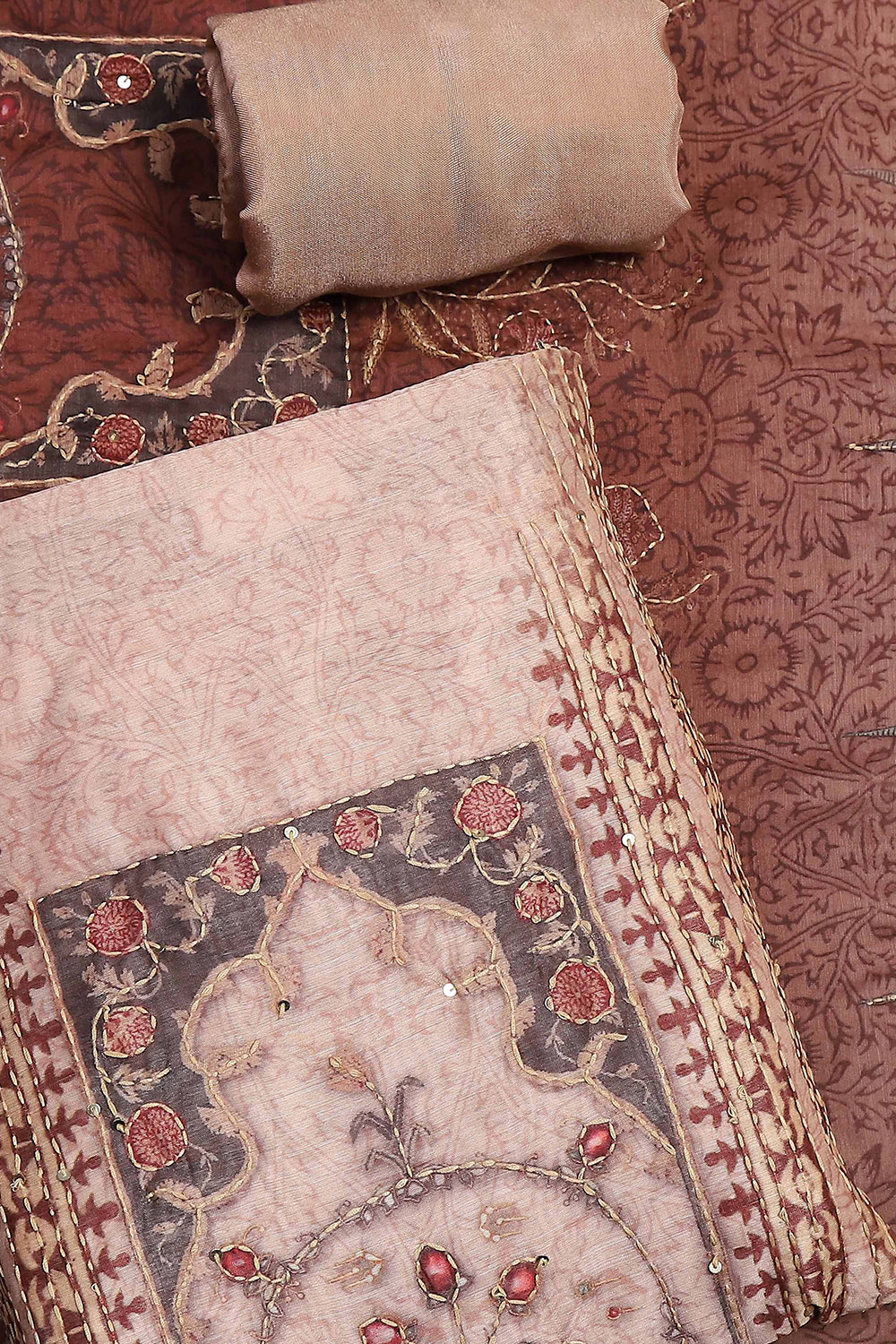 Grey Chanderi Hand Embroidered Unstitched Suit Set image number 1