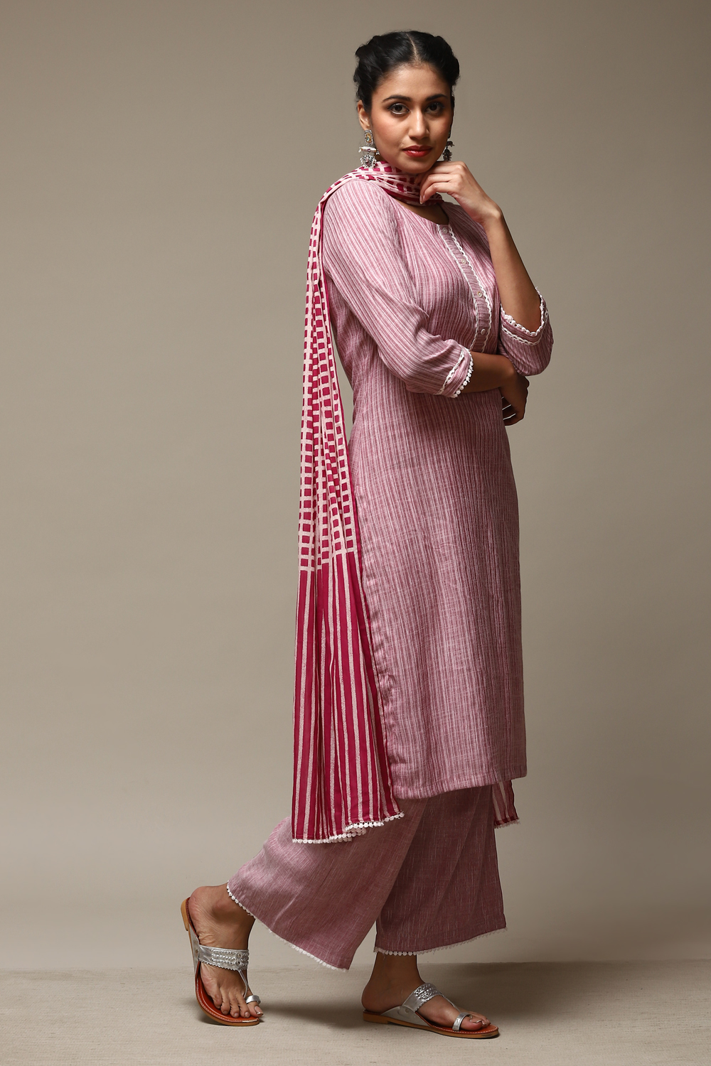 Red Cotton Blend Straight Kurta Palazzo Suit Set image number 6
