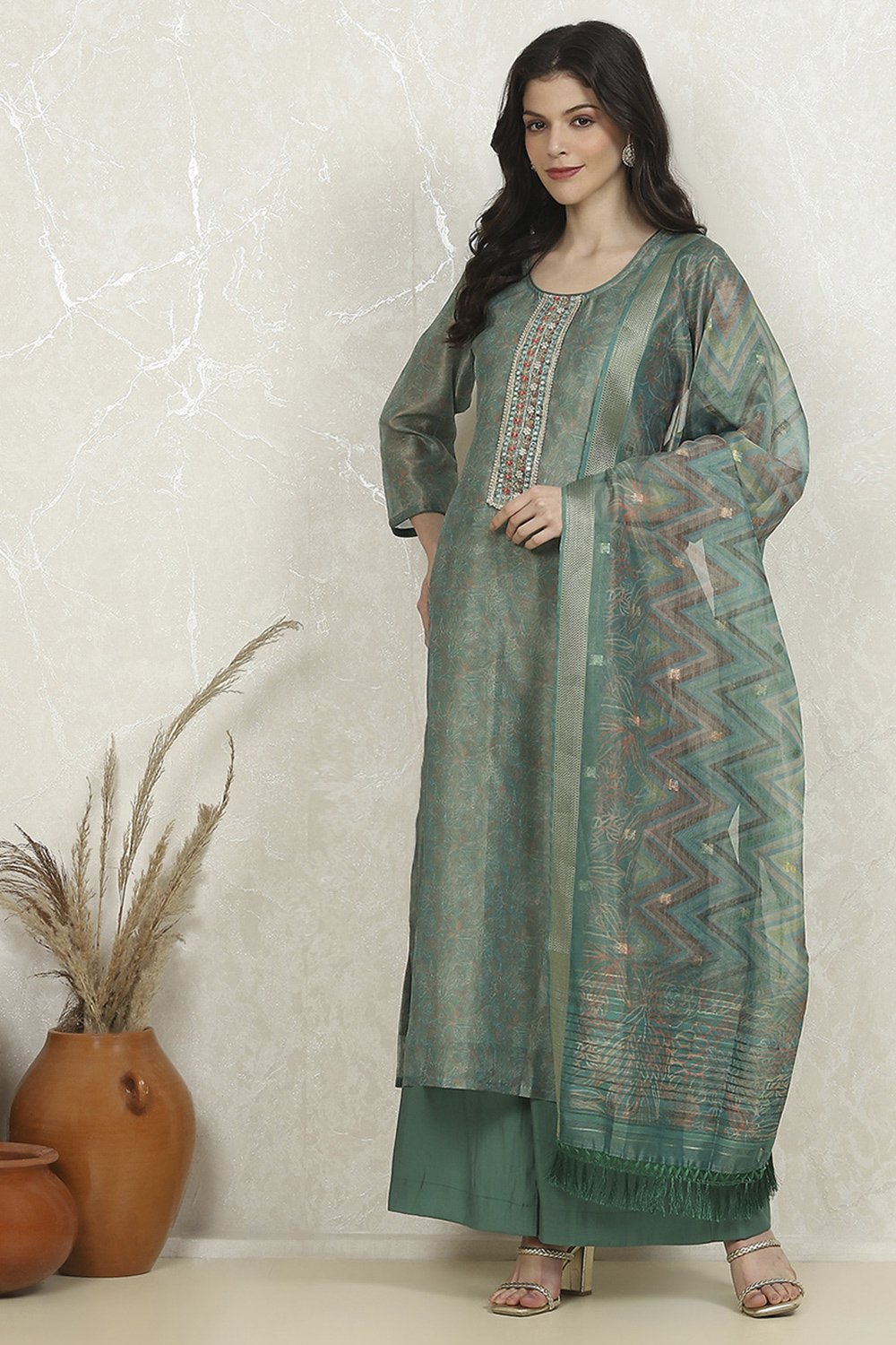 Orange Cotton Printed Embroidered Unstitched Suit Set image number 4
