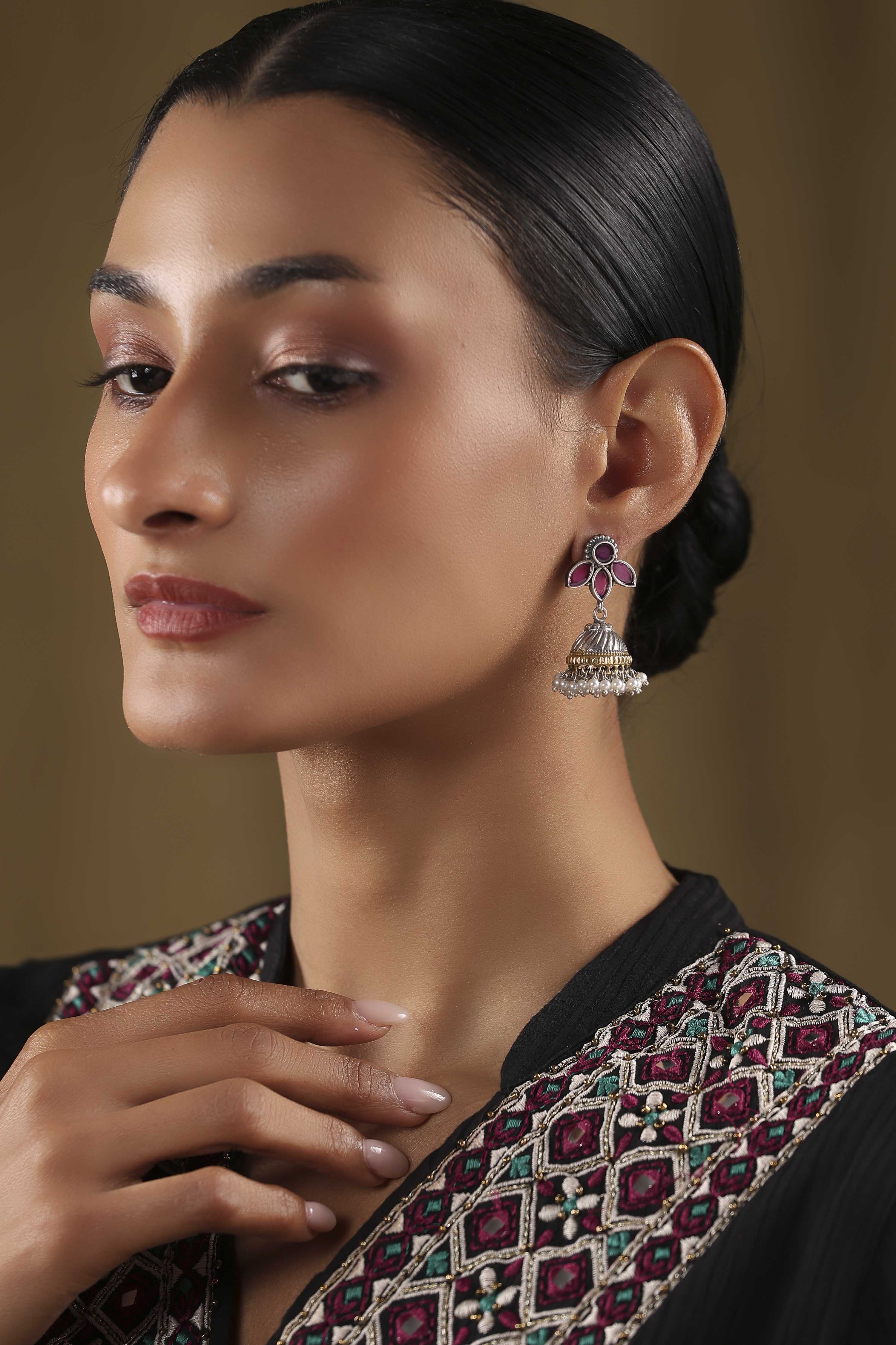 Dark Pink Stone Earrings image number 3