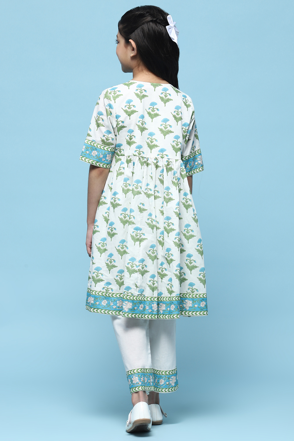 White Printed Cotton Flared Kurta With Straight Palazzo image number 4