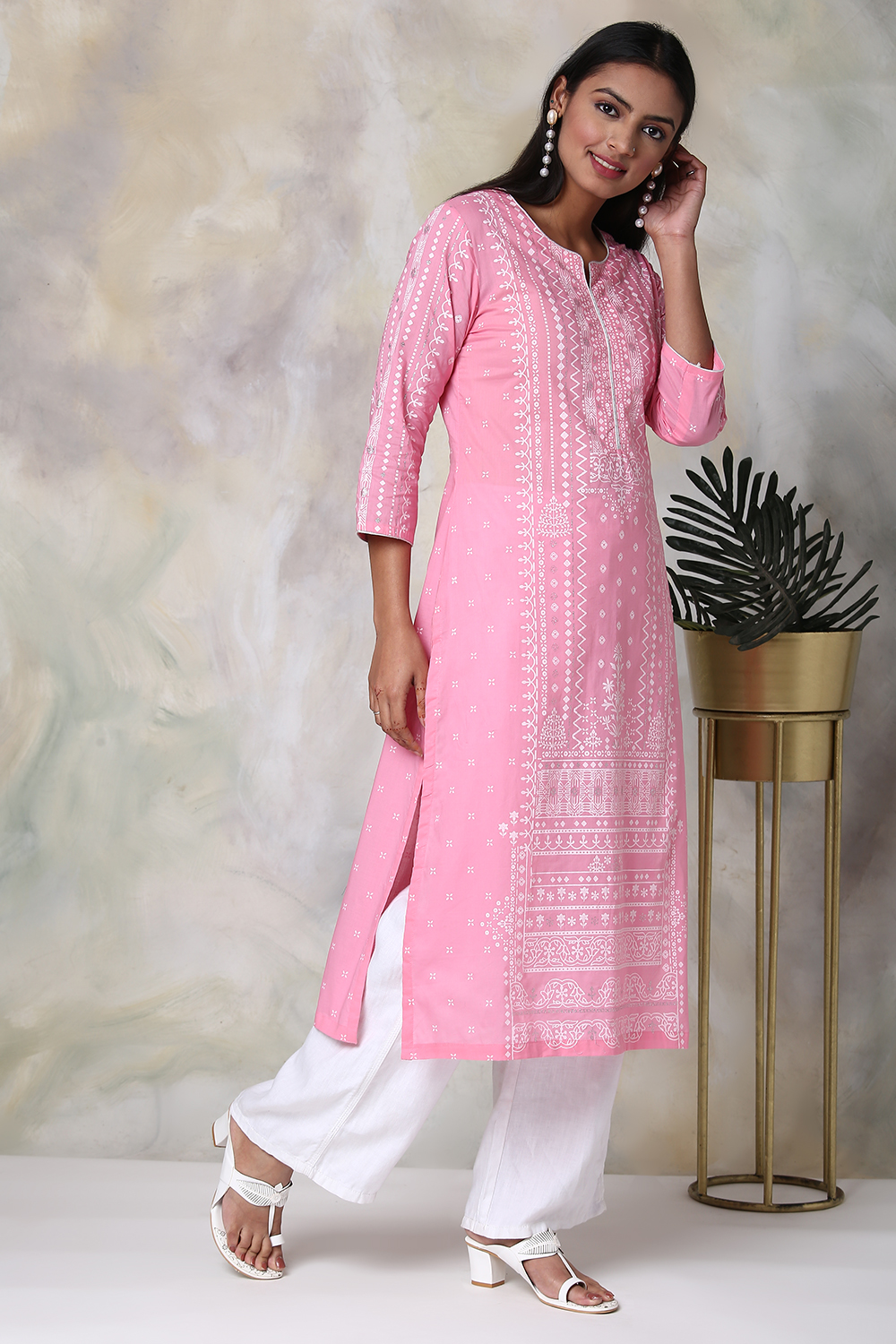 Pink Cotton Straight Printed Kurta image number 5
