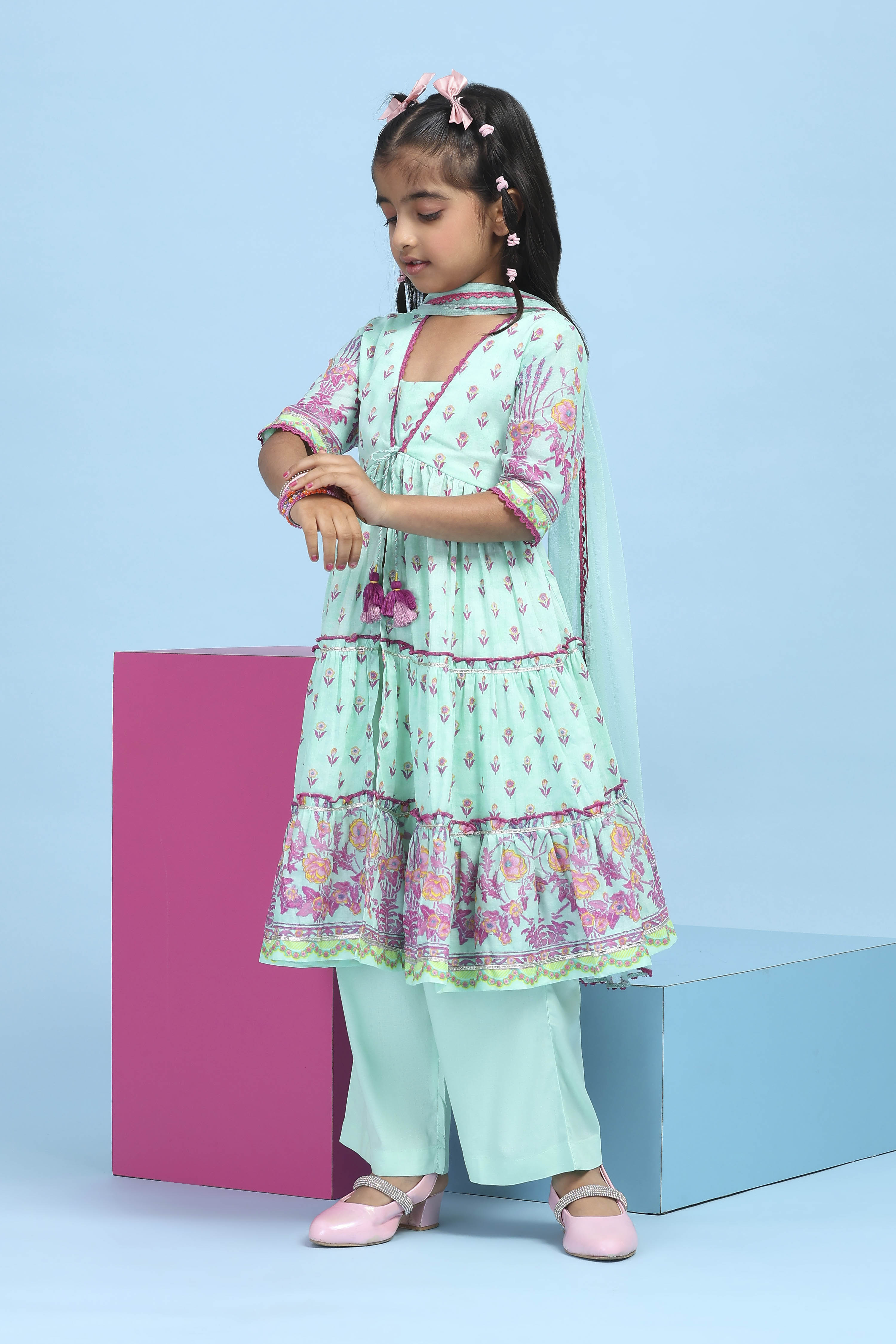 Sea-Green Cotton Printed Tiered Suit Set image number 3