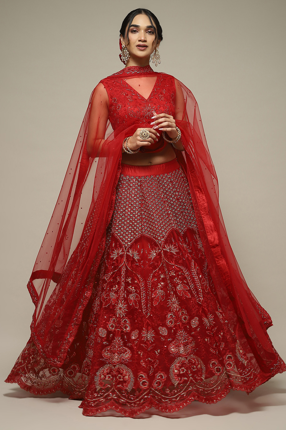 Red Nylon Embroidered Lehenga Set image number 7
