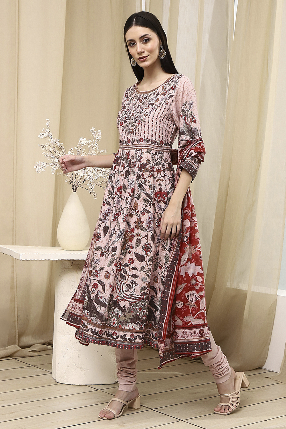 Beige Cotton Printed Anarkali Suit Set image number 3