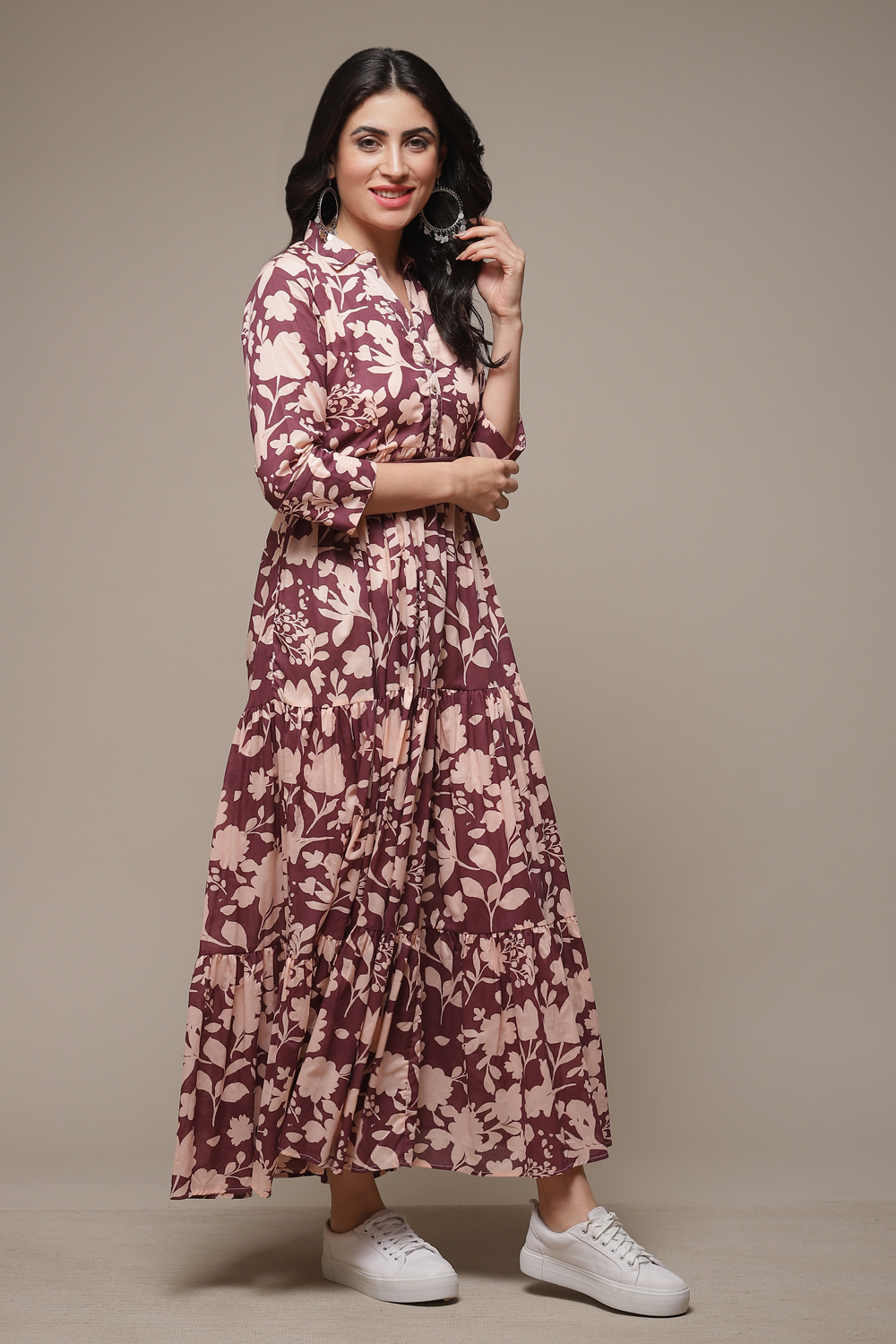 Beige Cotton Tiered Printed Dress image number 4