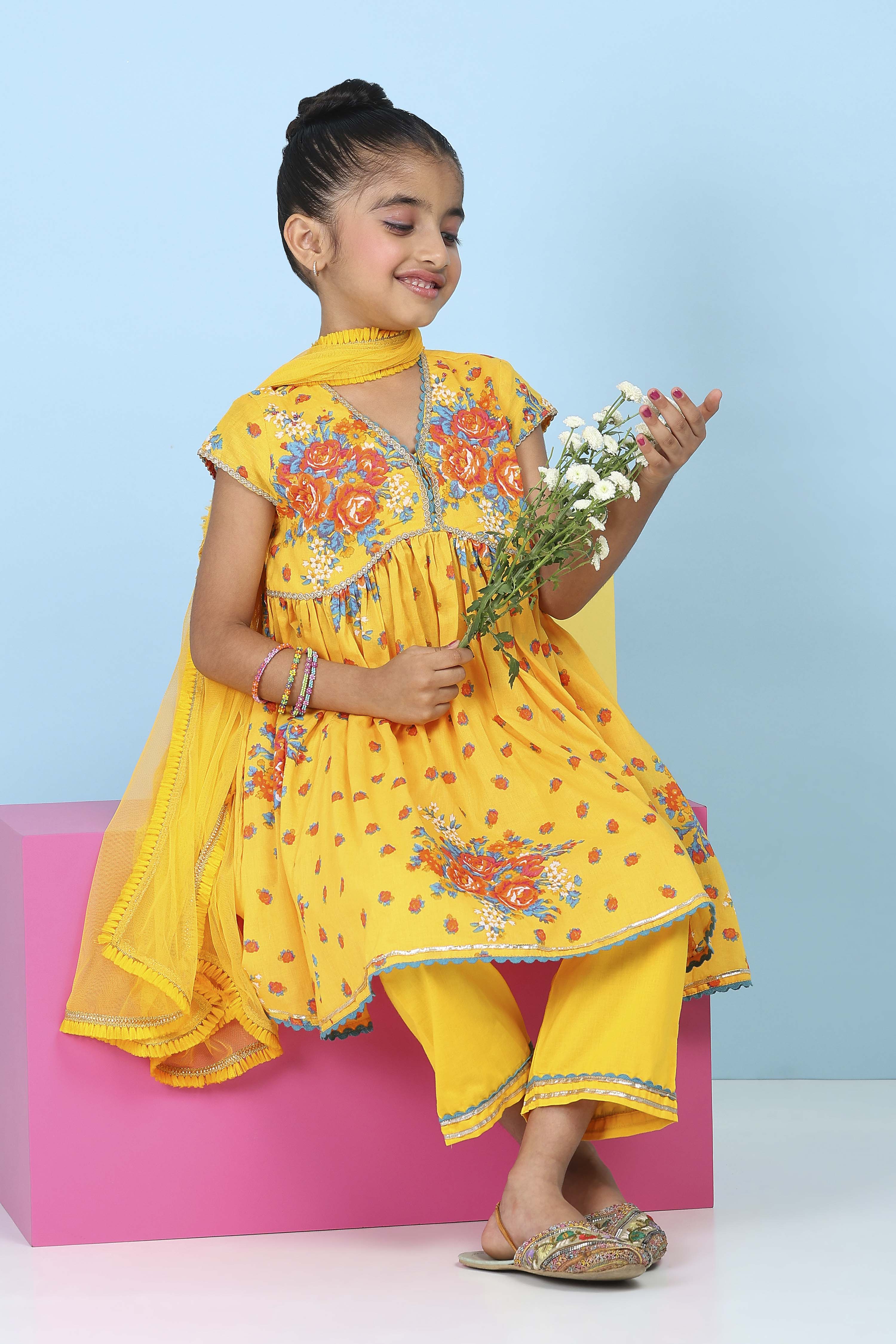 Yellow Cotton Floral Printed Anarkali Suit Set image number 0