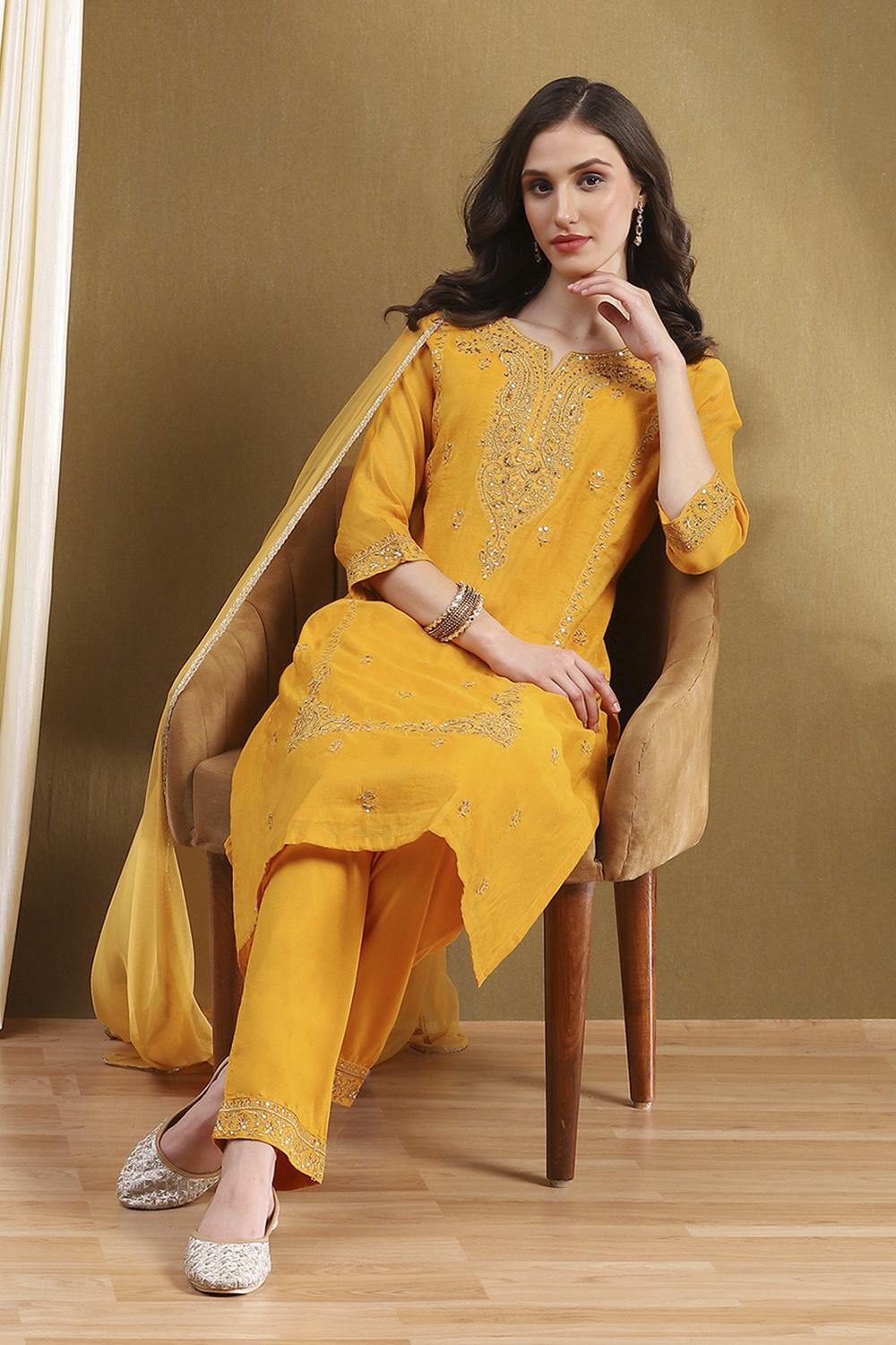 Yellow Embroidered Festive Straight Suit Set image number 0