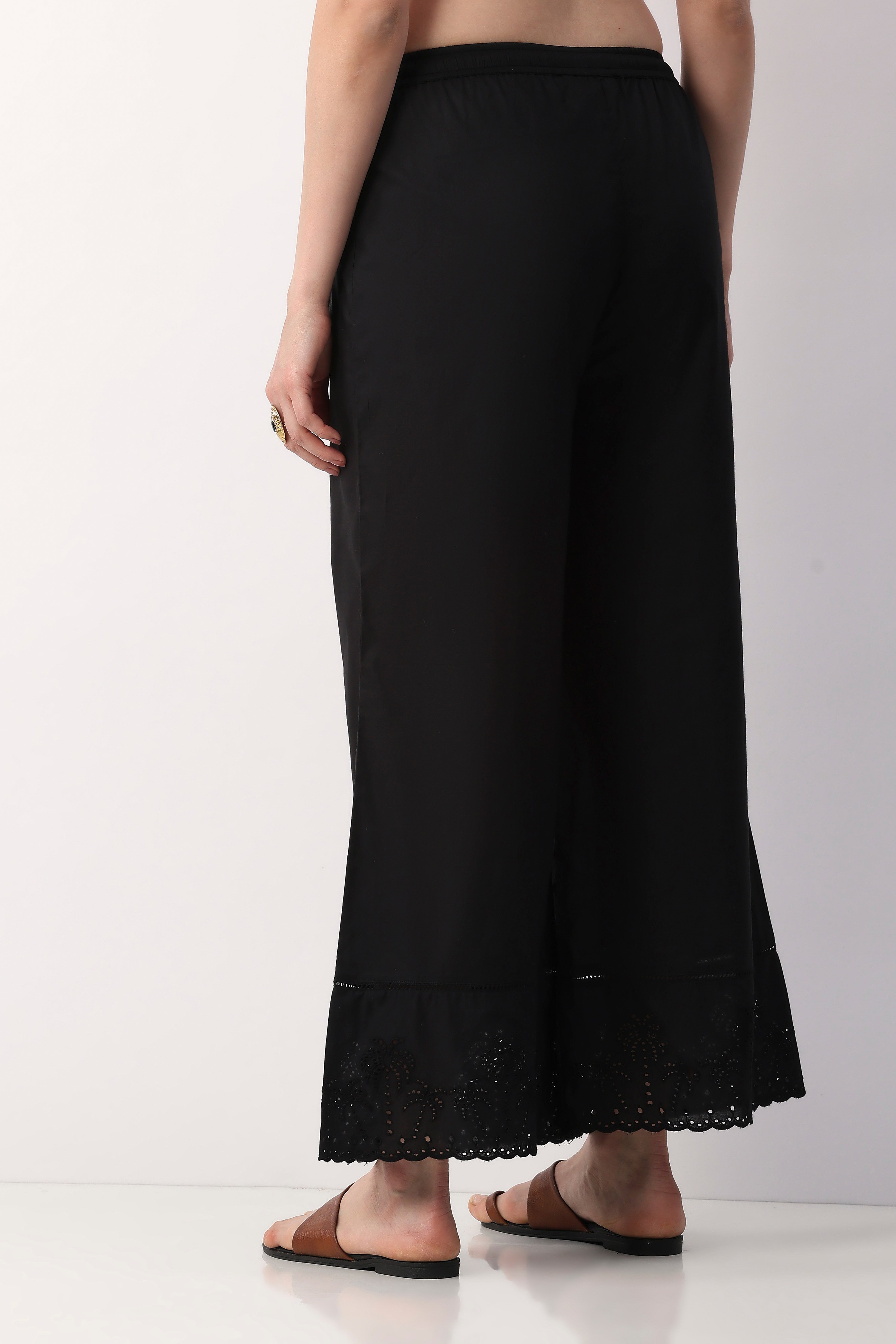 Black Cotton Flared Dyed Palazzos image number 2