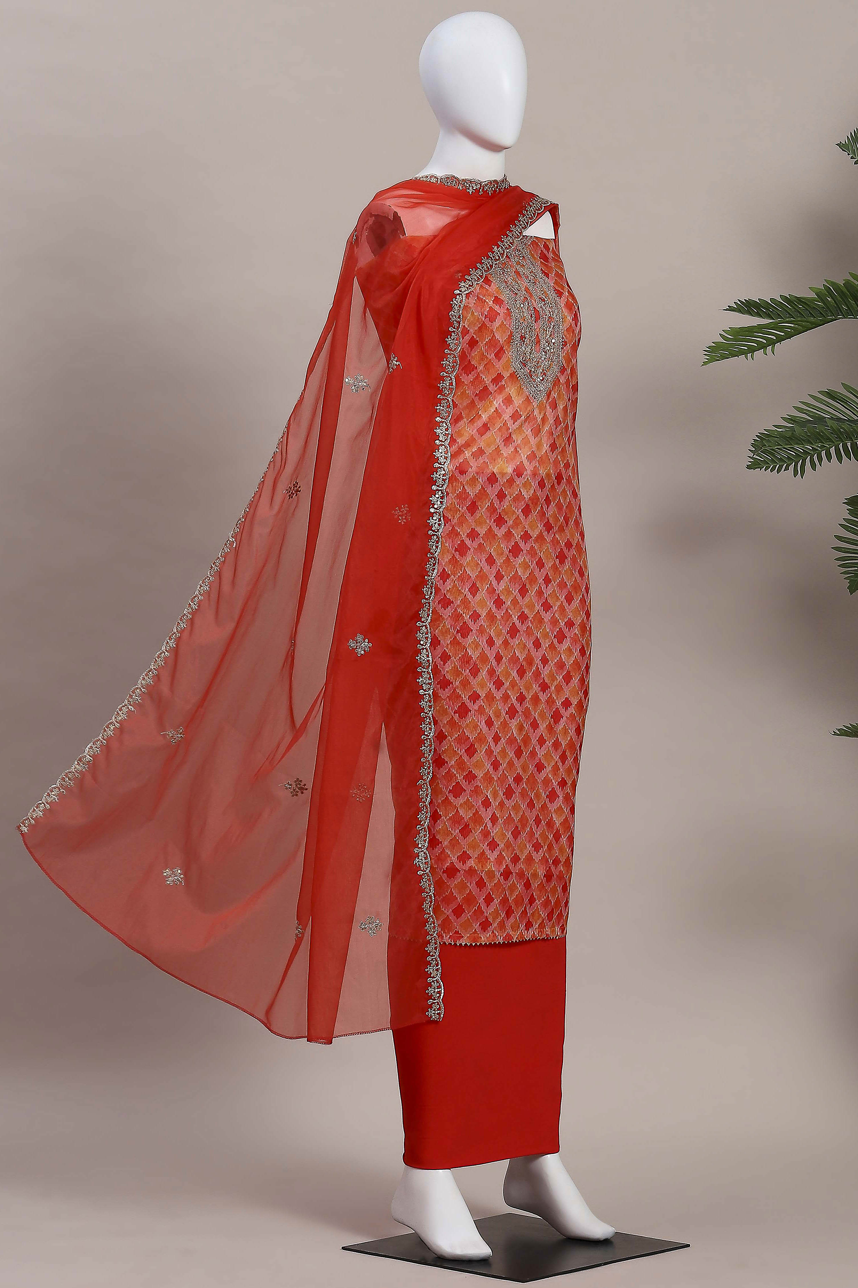 Yellow Organza Rajasthani Print Unstitched Suit Set image number 4