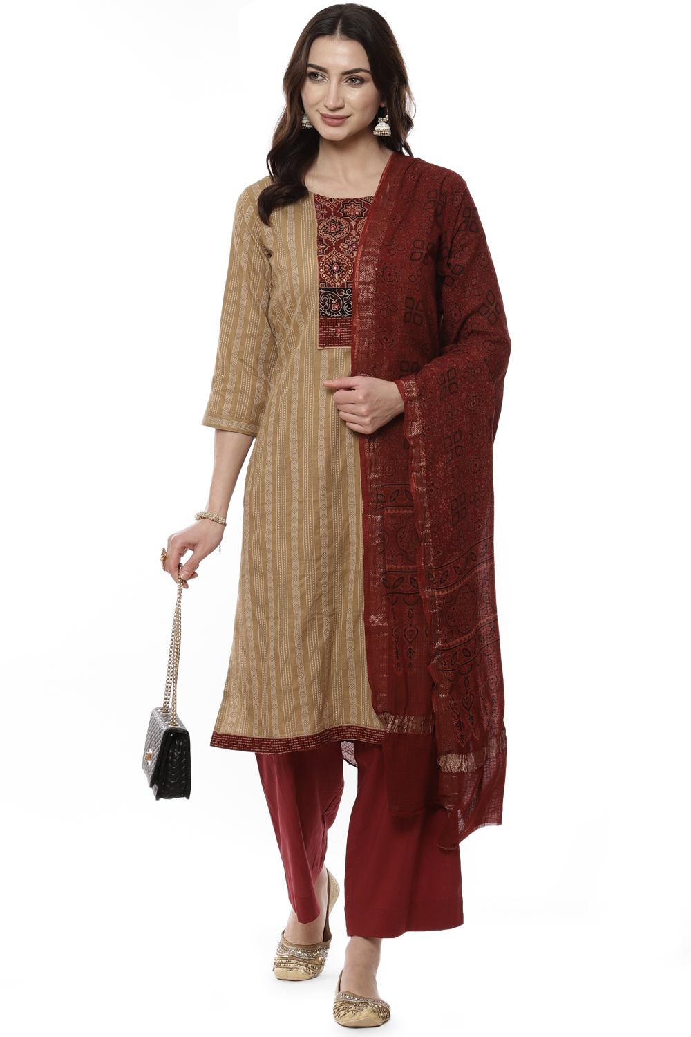 Beige Cotton Handloom Unstitched Suit Set image number 7
