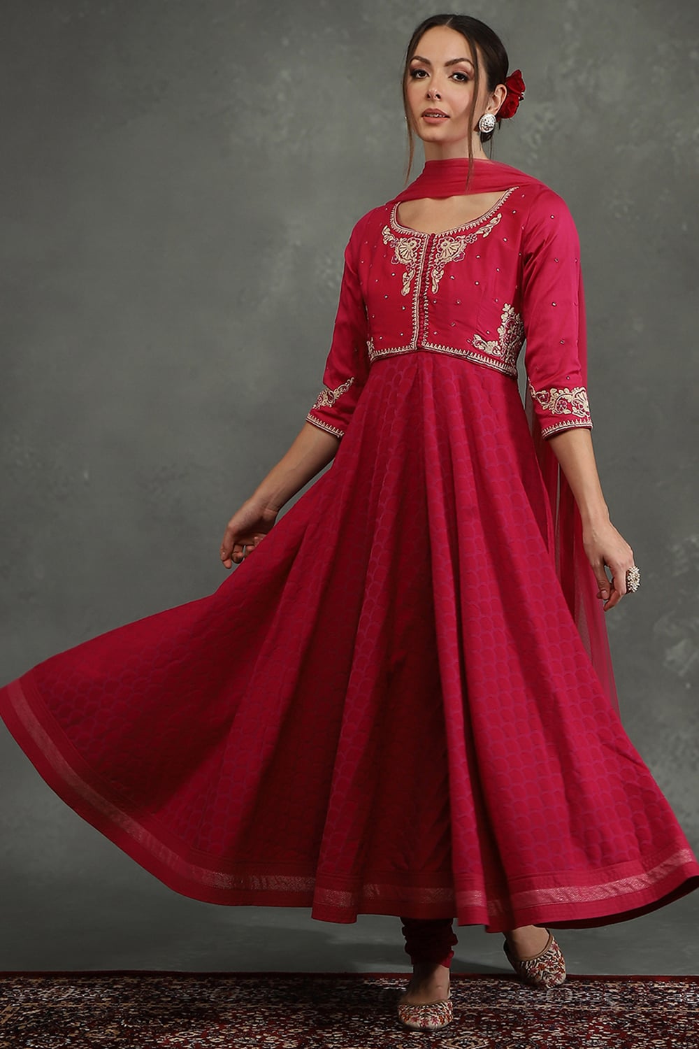 Cream-Toned Silk Chanderi Floral Anarkali Suit Set image number 0