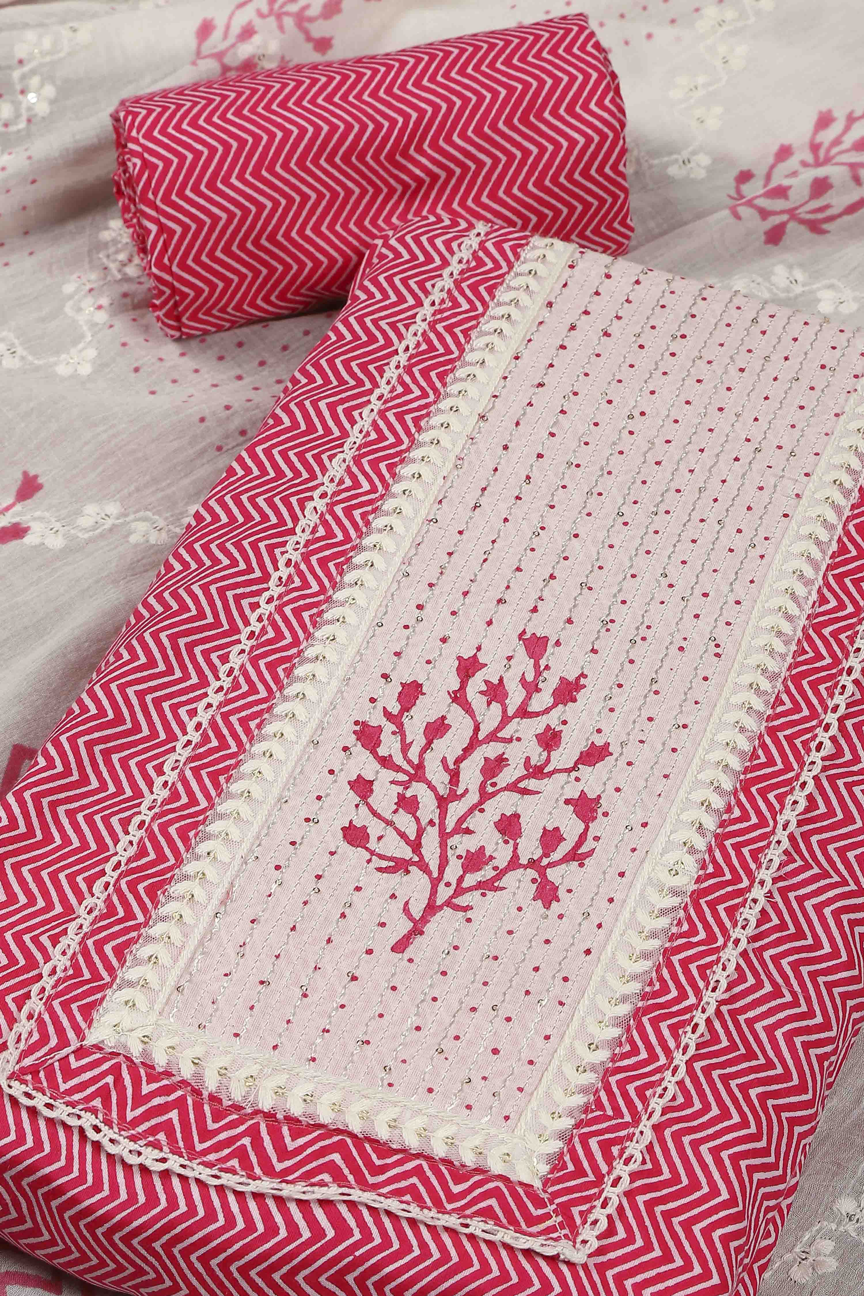 Pink Cotton Printed Embroidered Unstitched Suit Set image number 1