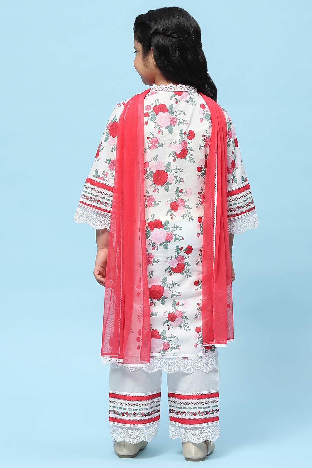 White Cotton Floral Printed Kurta and Palazzo Suit Set image number 5
