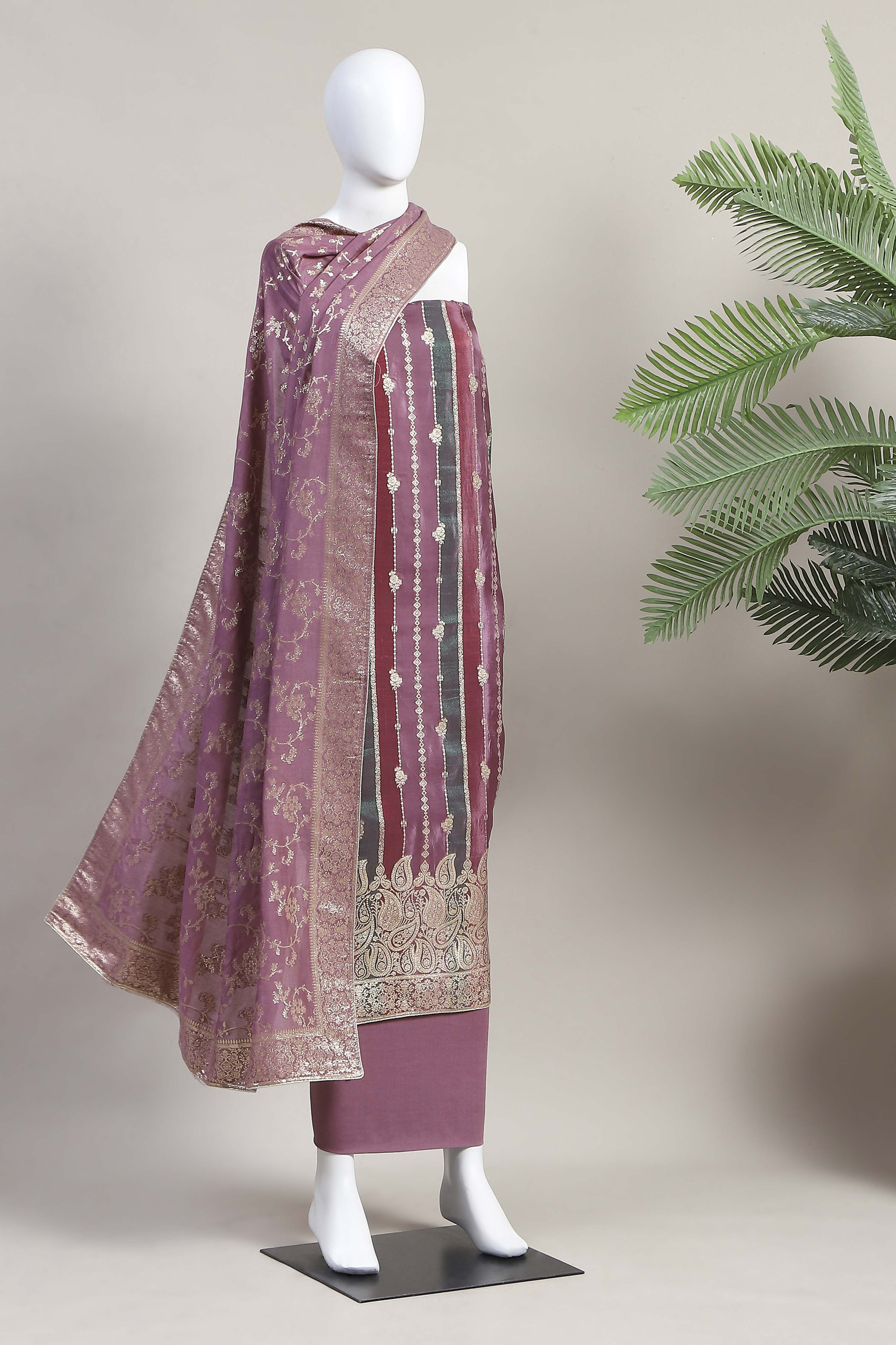 Pink Cotton Printed Embroidered Unstitched Suit Set image number 4