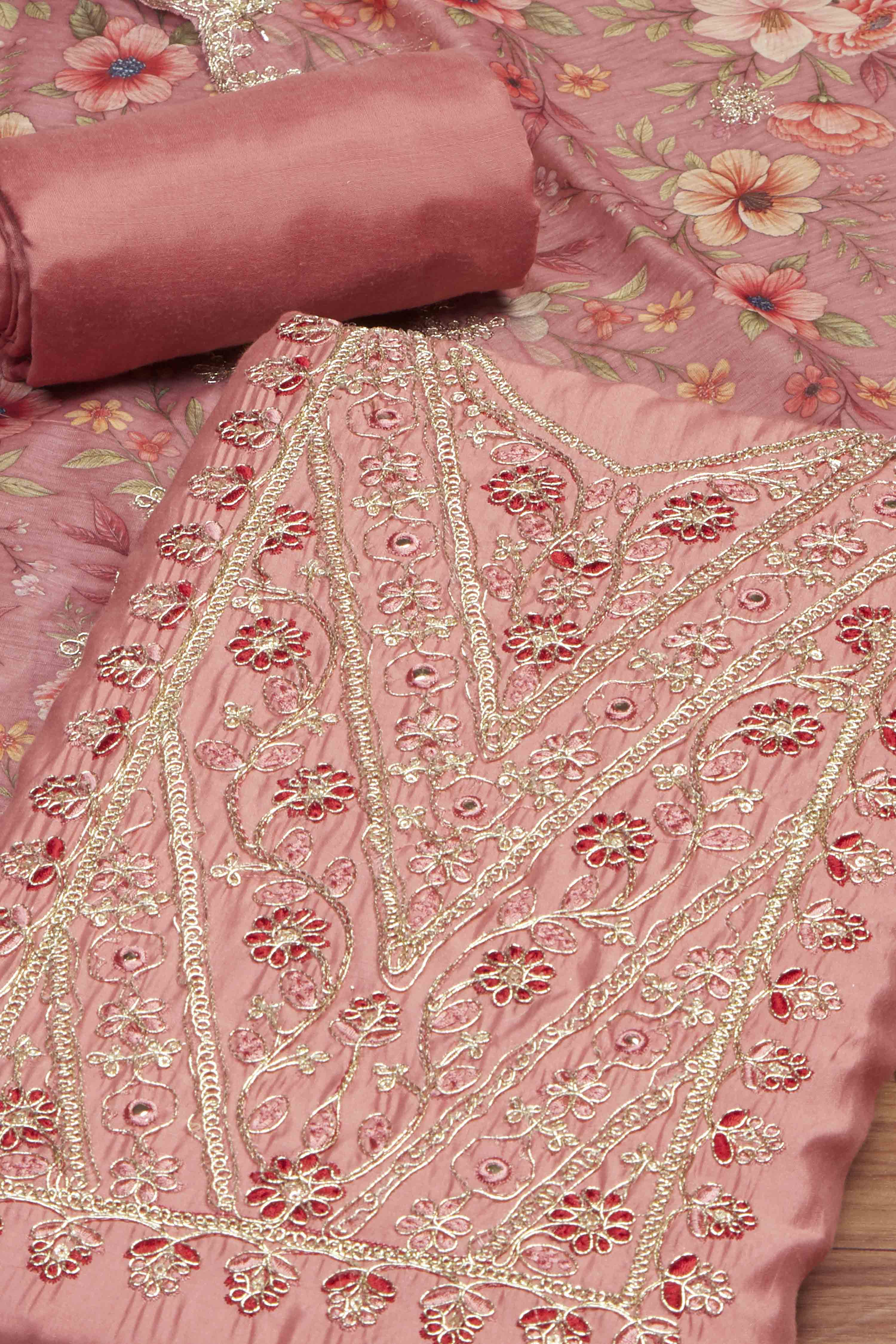Teal Cotton Printed Embroidered Unstitched Suit Set image number 1
