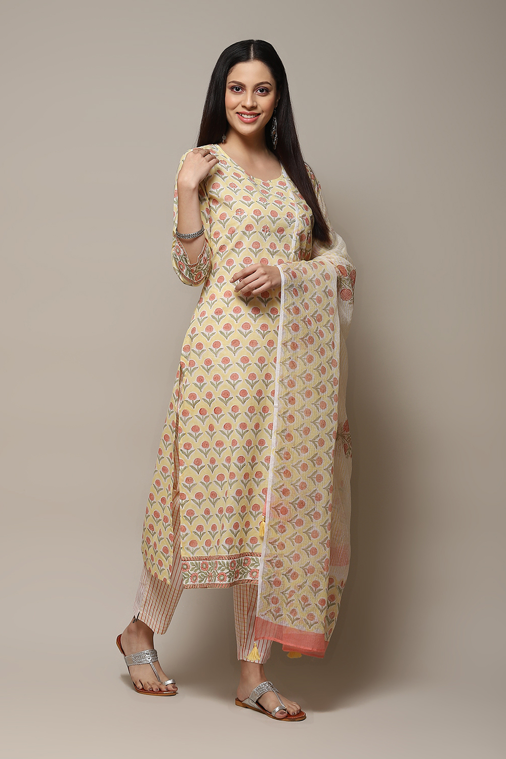 Yellow Cotton Hand Block Print Unstitched Suit Set image number 7