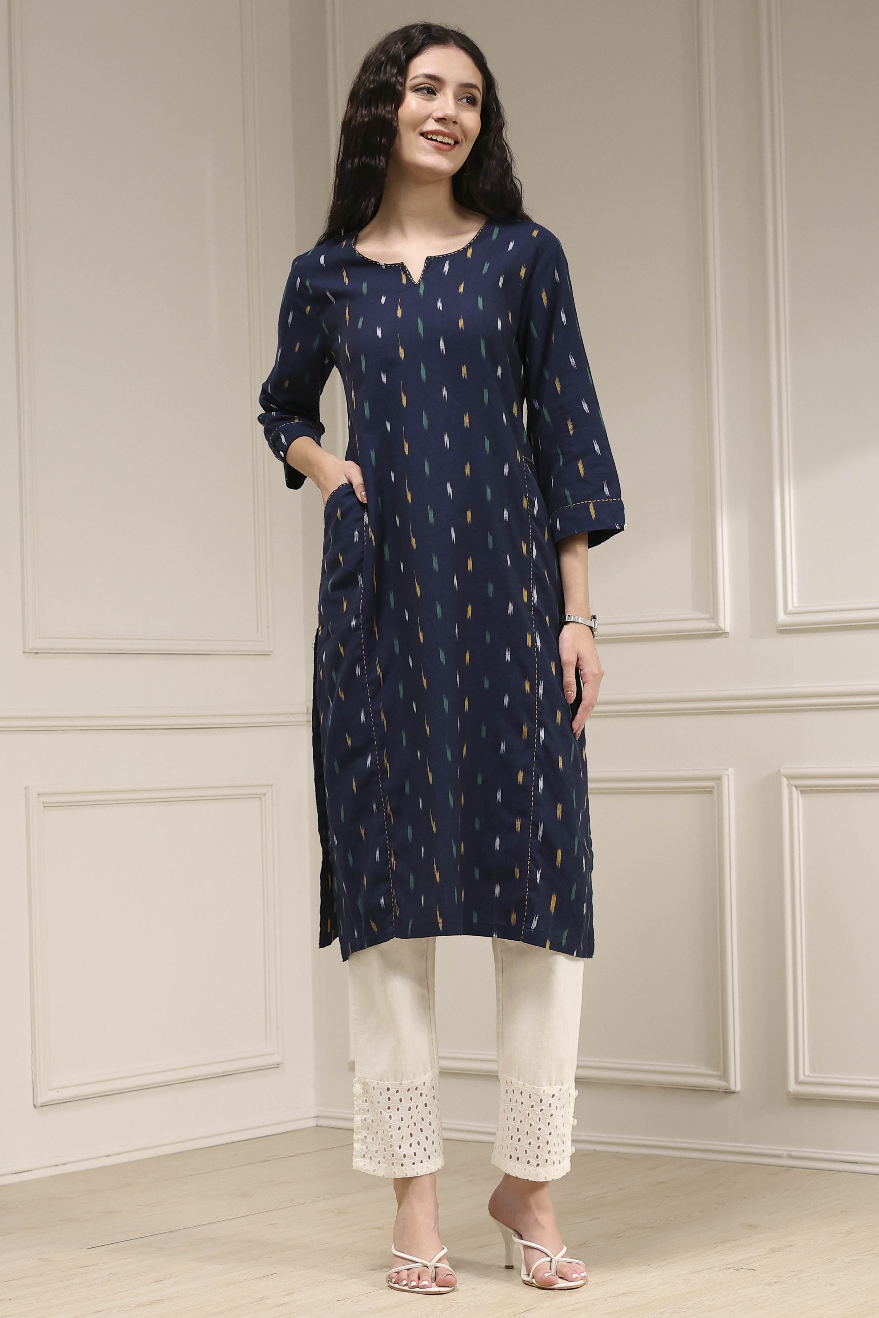 Indigo Blue Cotton Ikat Straight Kurta image number 6