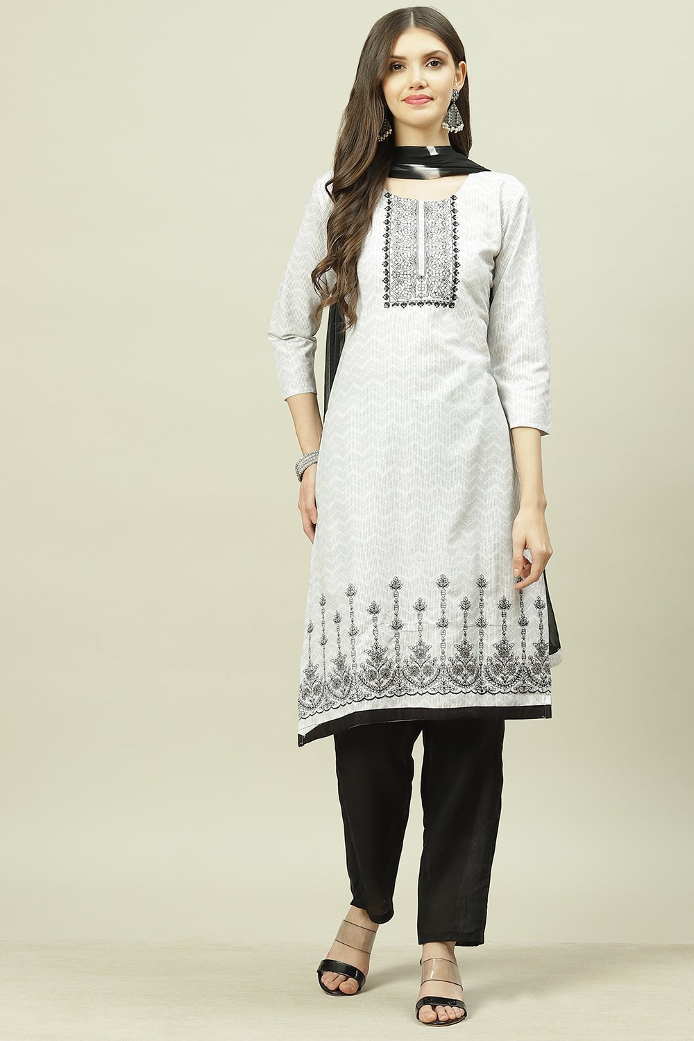 White Cotton Machine Embroidered Unstitched Suit Set image number 0