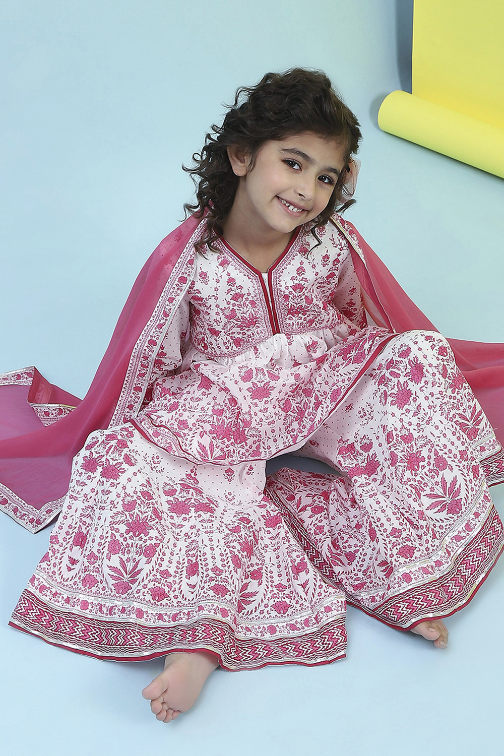 Off-White and Pink Cotton Peplum Suit Set image number 0