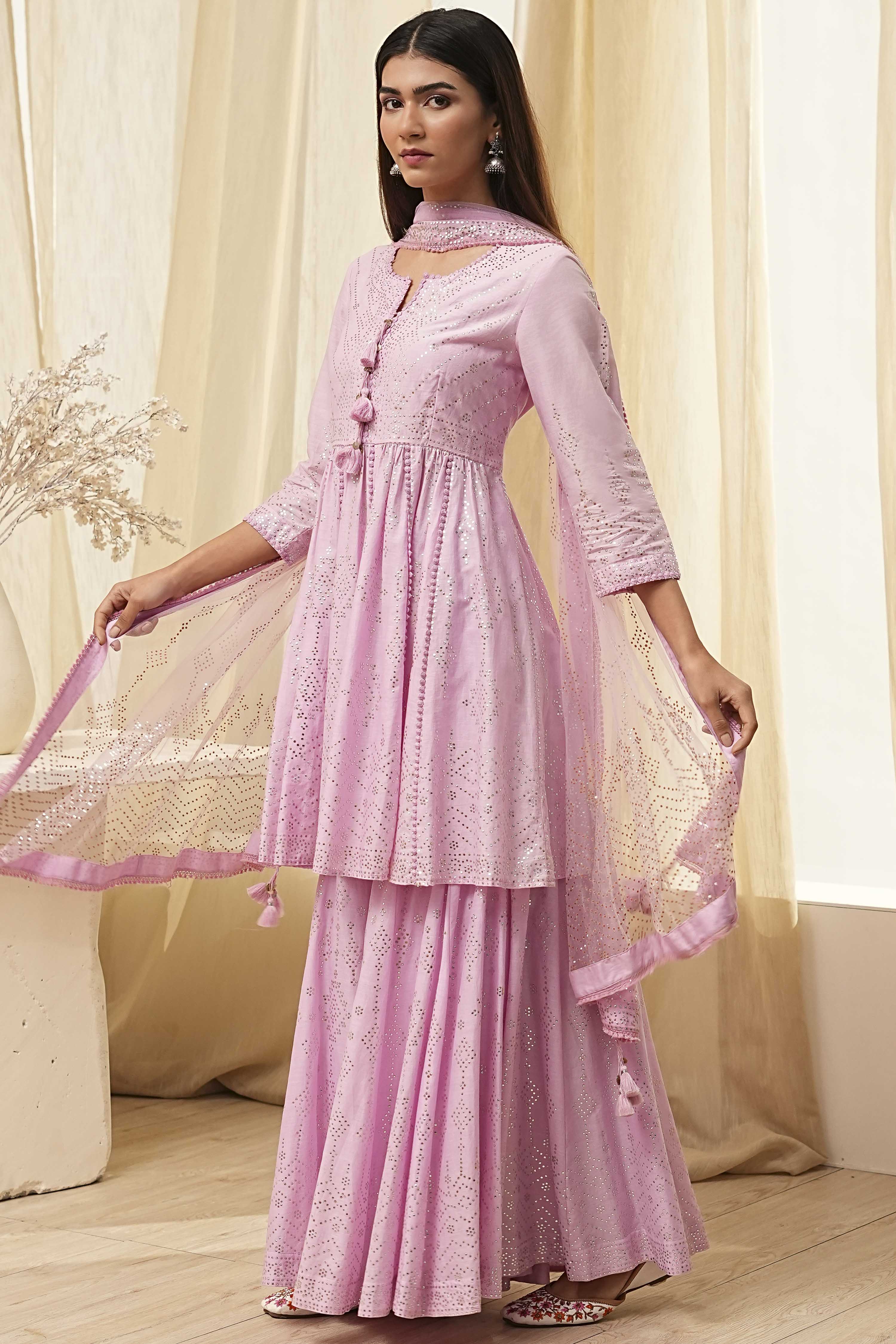 Off-White Cotton Metallic Flared Suit Set image number 3