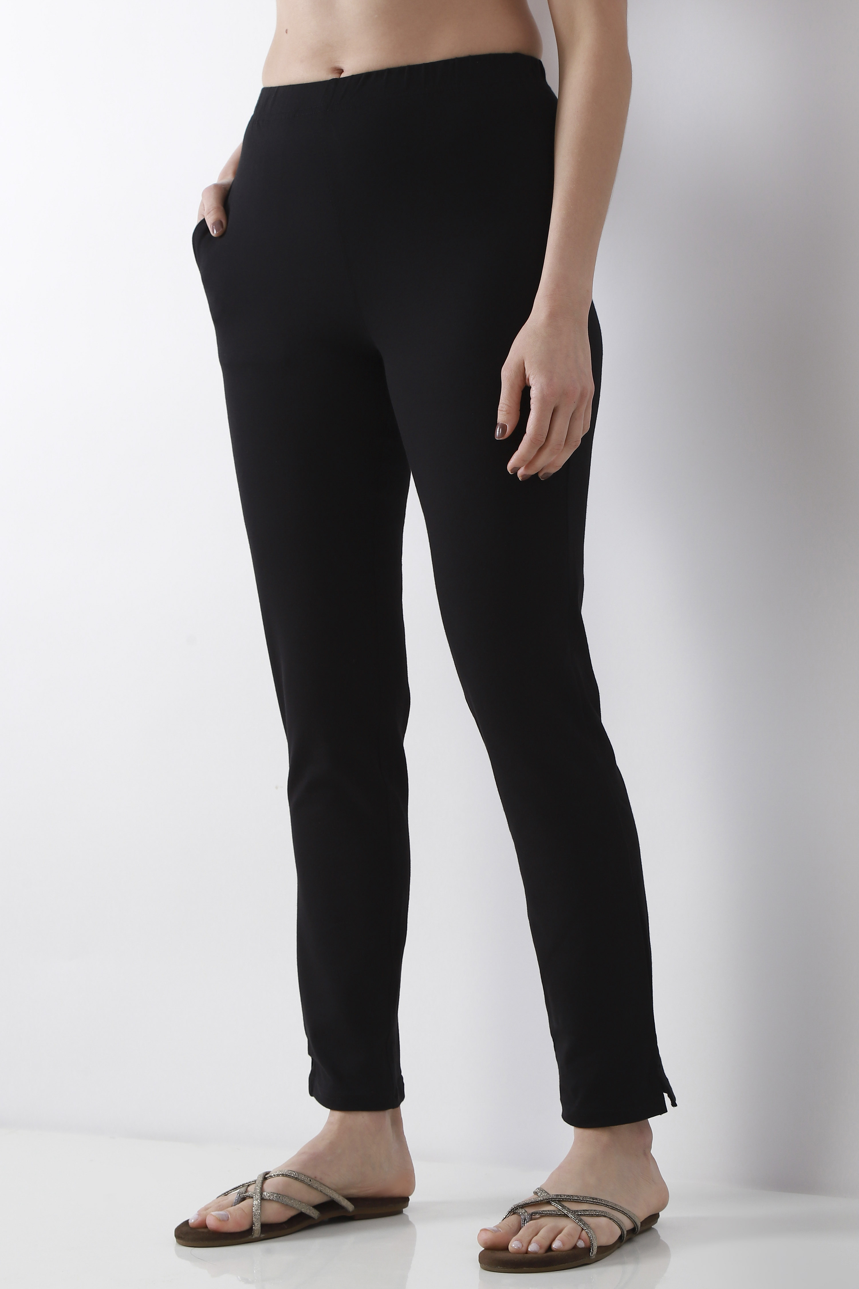 Navy Blue Solid Cotton Lycra Straight Pants image number 2