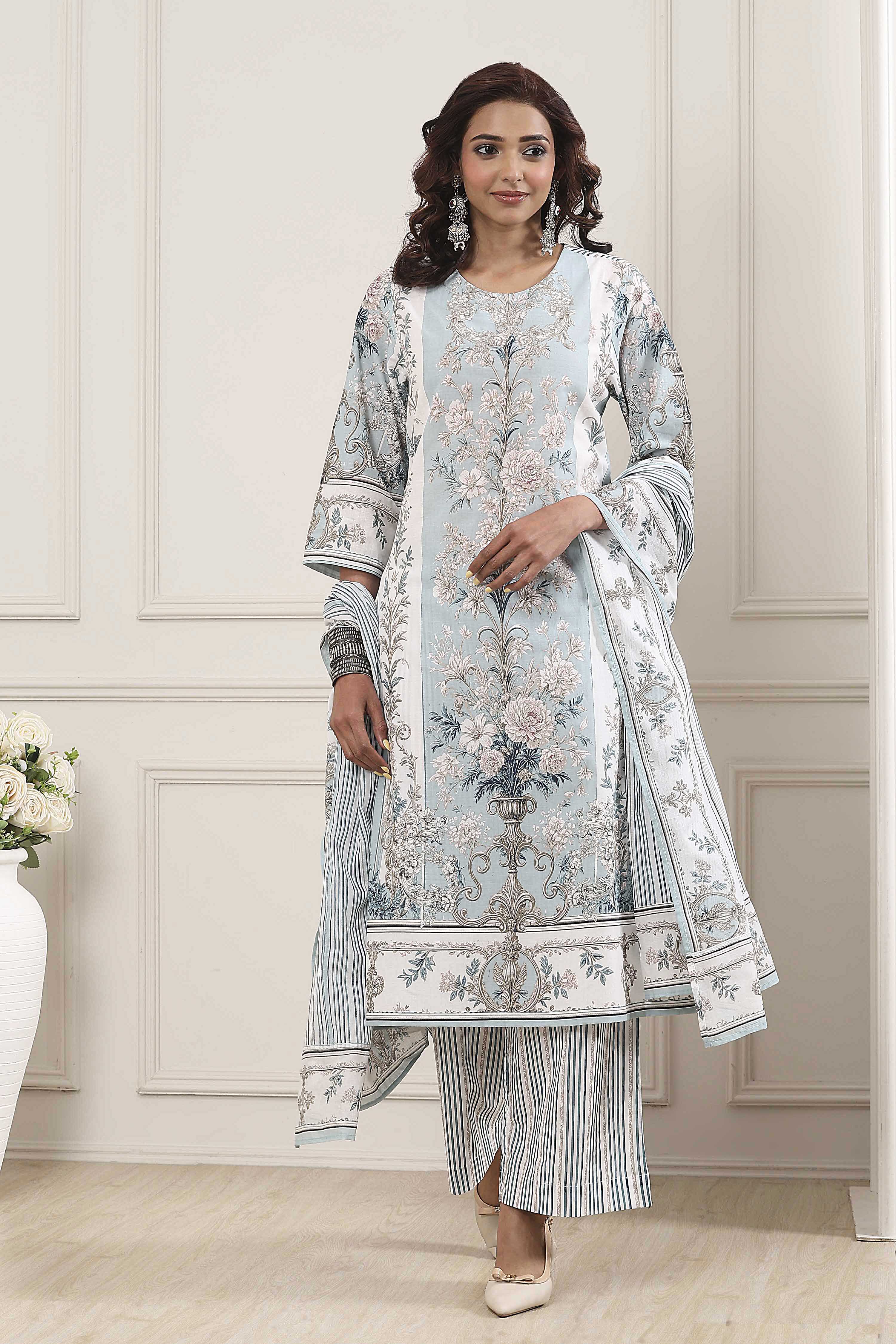 Turquoise Cotton Floral Printed Straight Suit Set image number 6