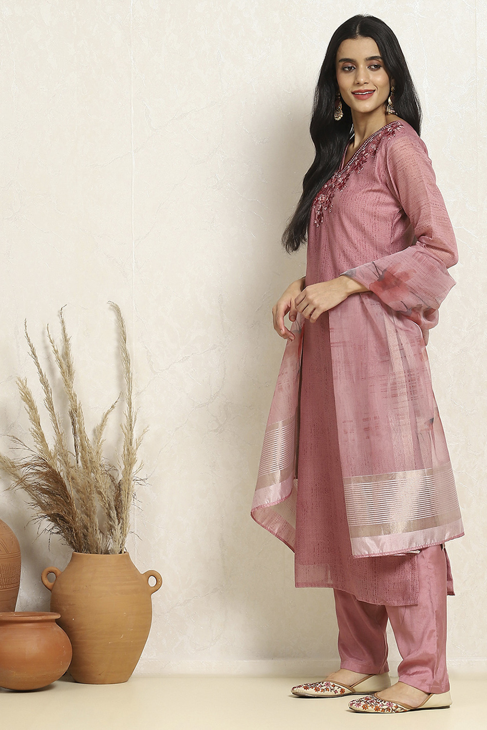 Green Chanderi Hand Embroidered Unstitched Suit Set image number 4