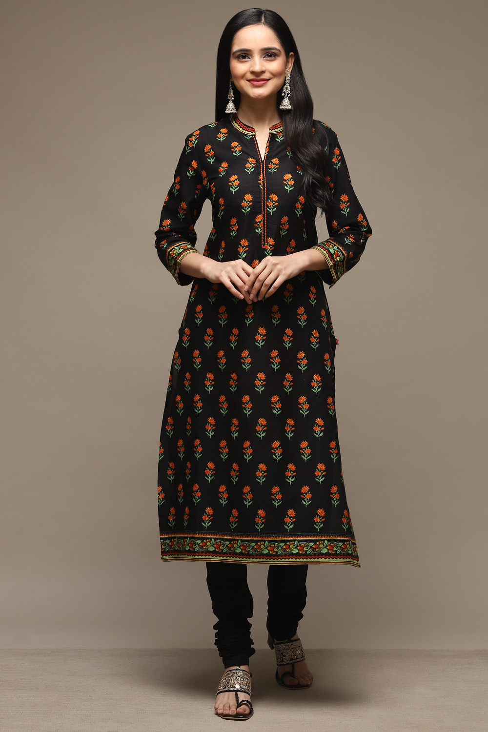 Black Cotton Straight Kurta Churidar Suit Set image number 6