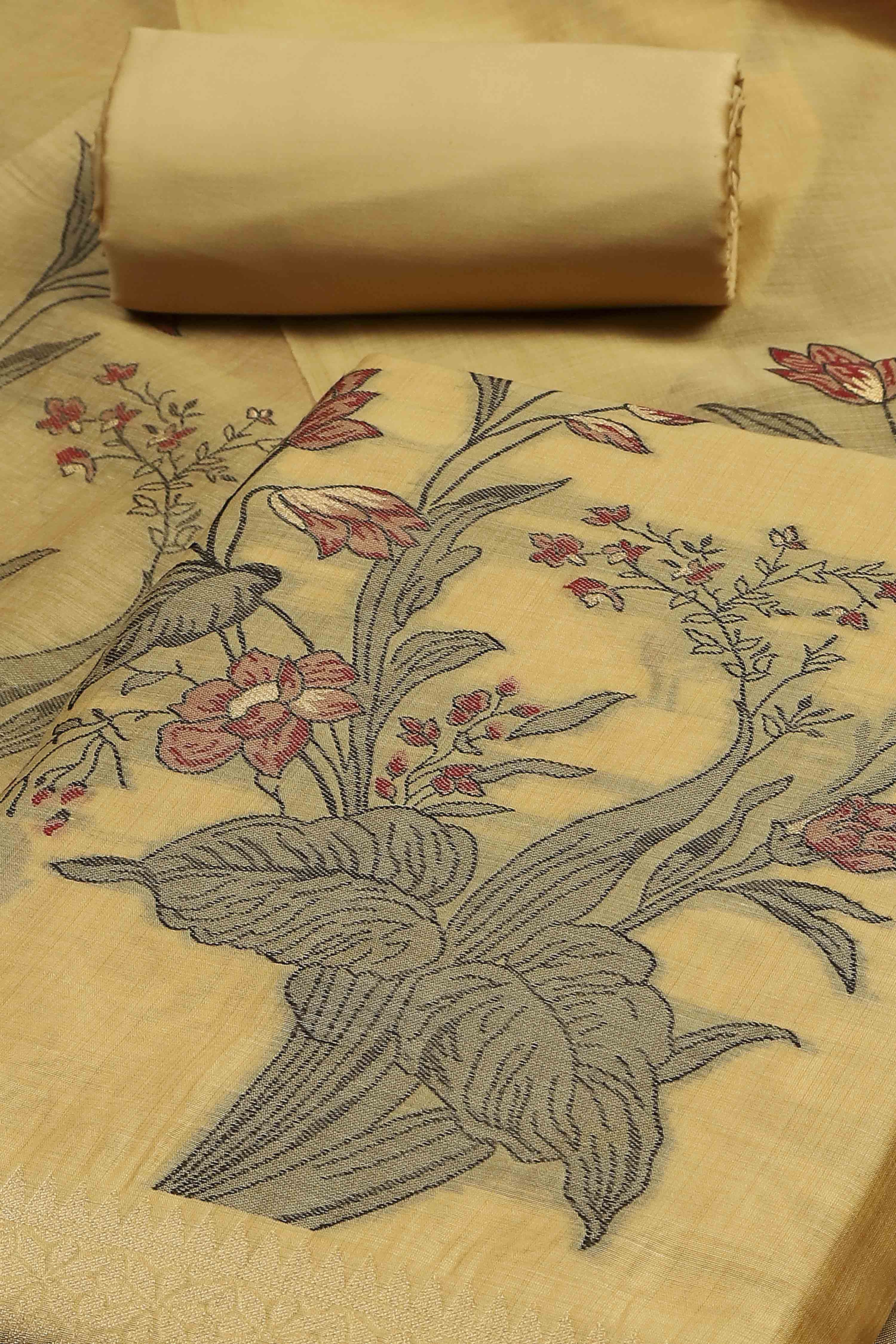 Peach Cotton Jamdani Unstitched Suit Set image number 1