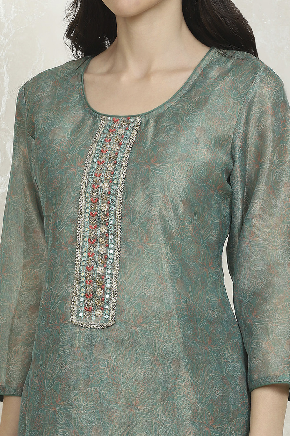 Orange Cotton Printed Embroidered Unstitched Suit Set image number 2