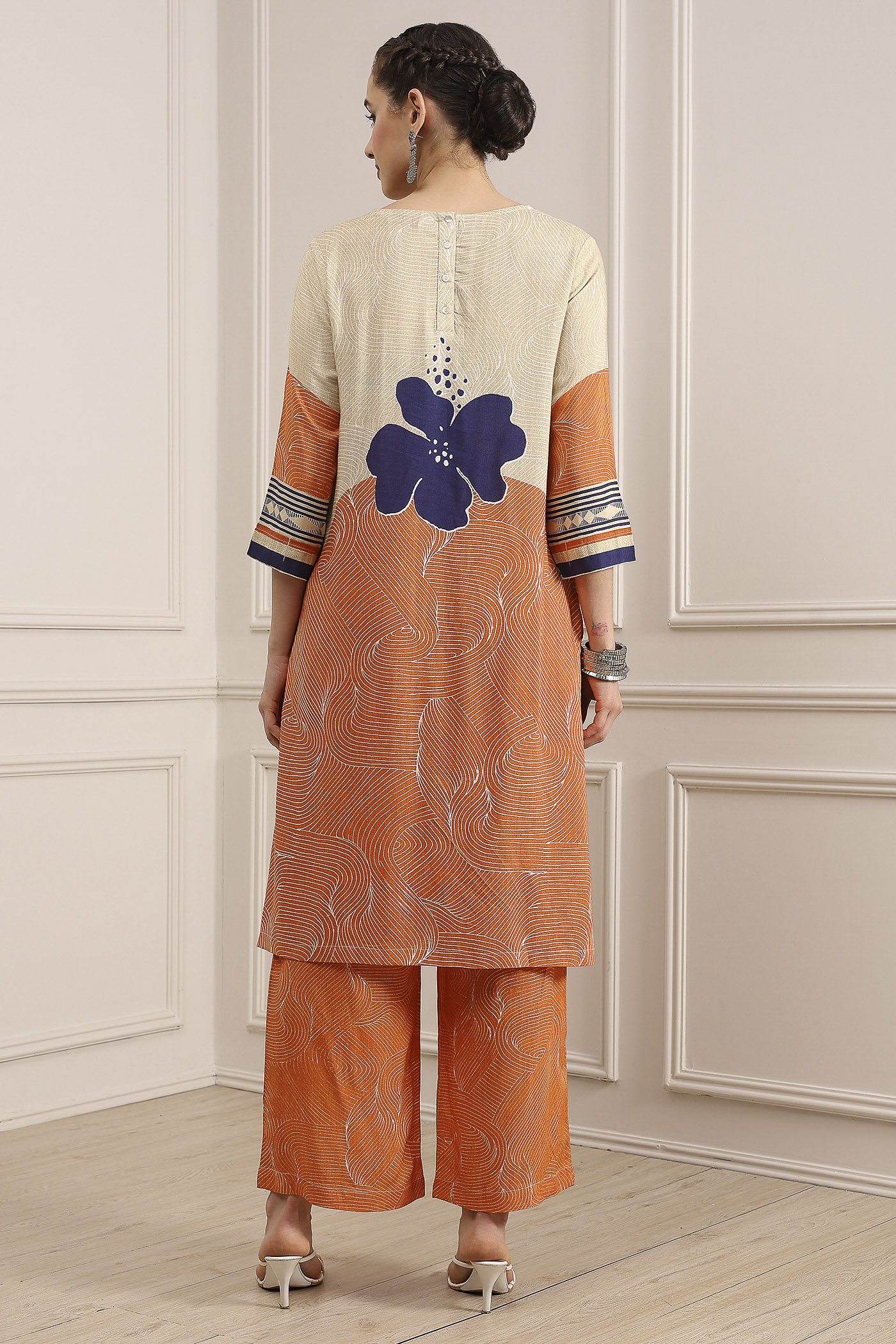 Orange Viscose Rayon Straight Printed Fusion Set image number 4