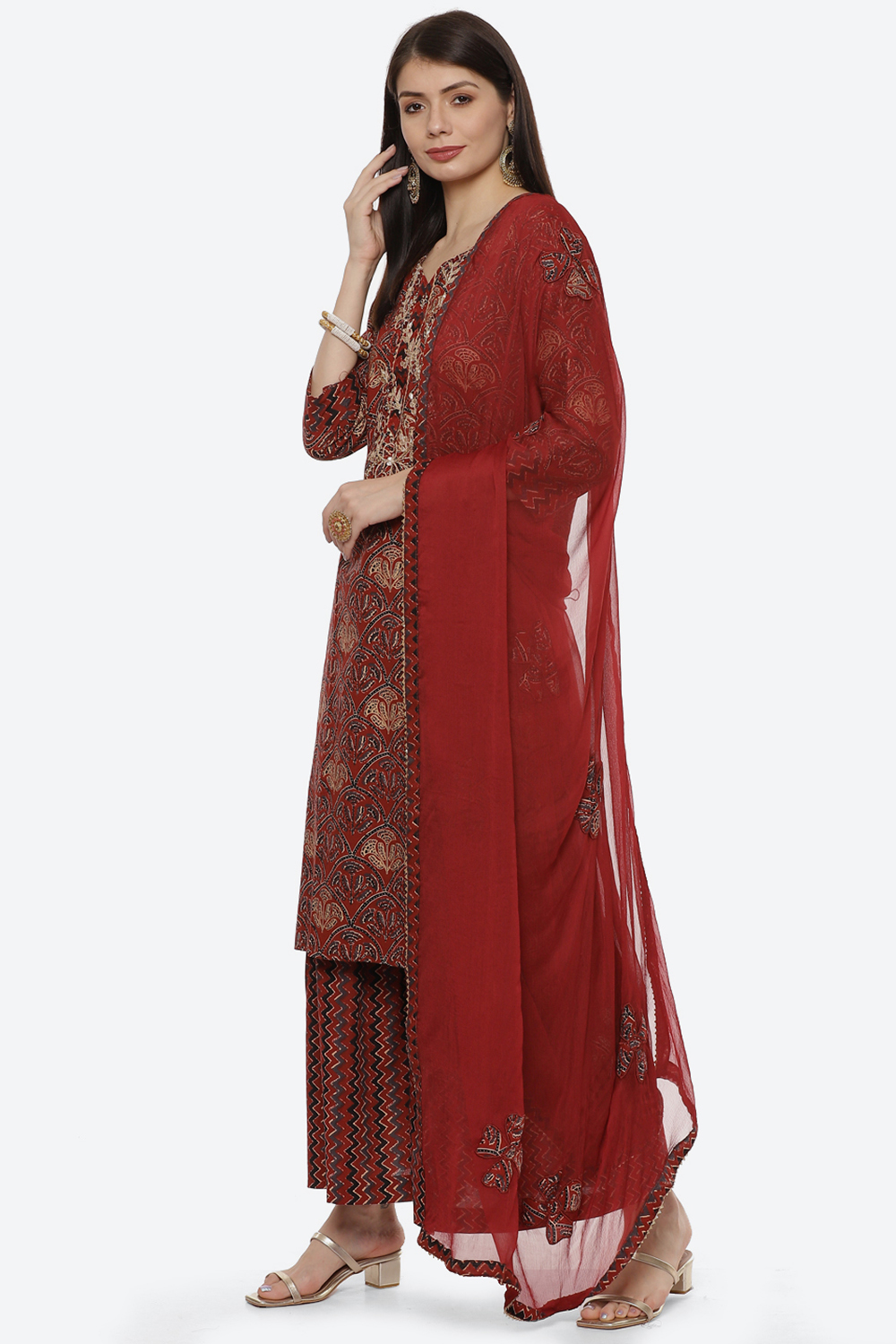 Maroon Cotton Unstitched Suit Set image number 6