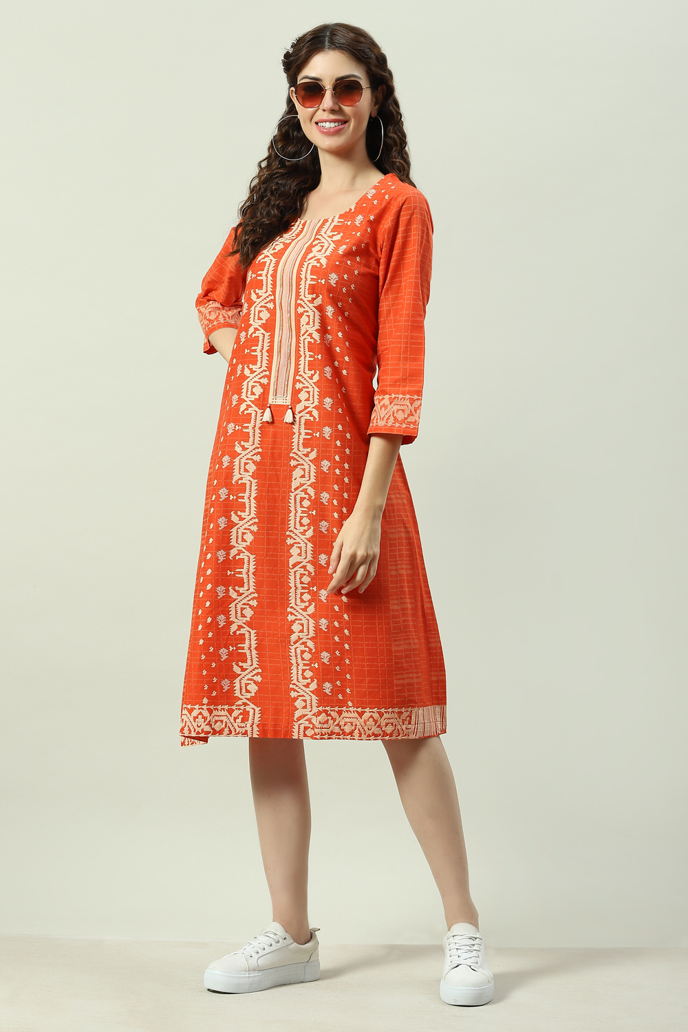 Red Cotton A-Line Printed Kurta Dress image number 5