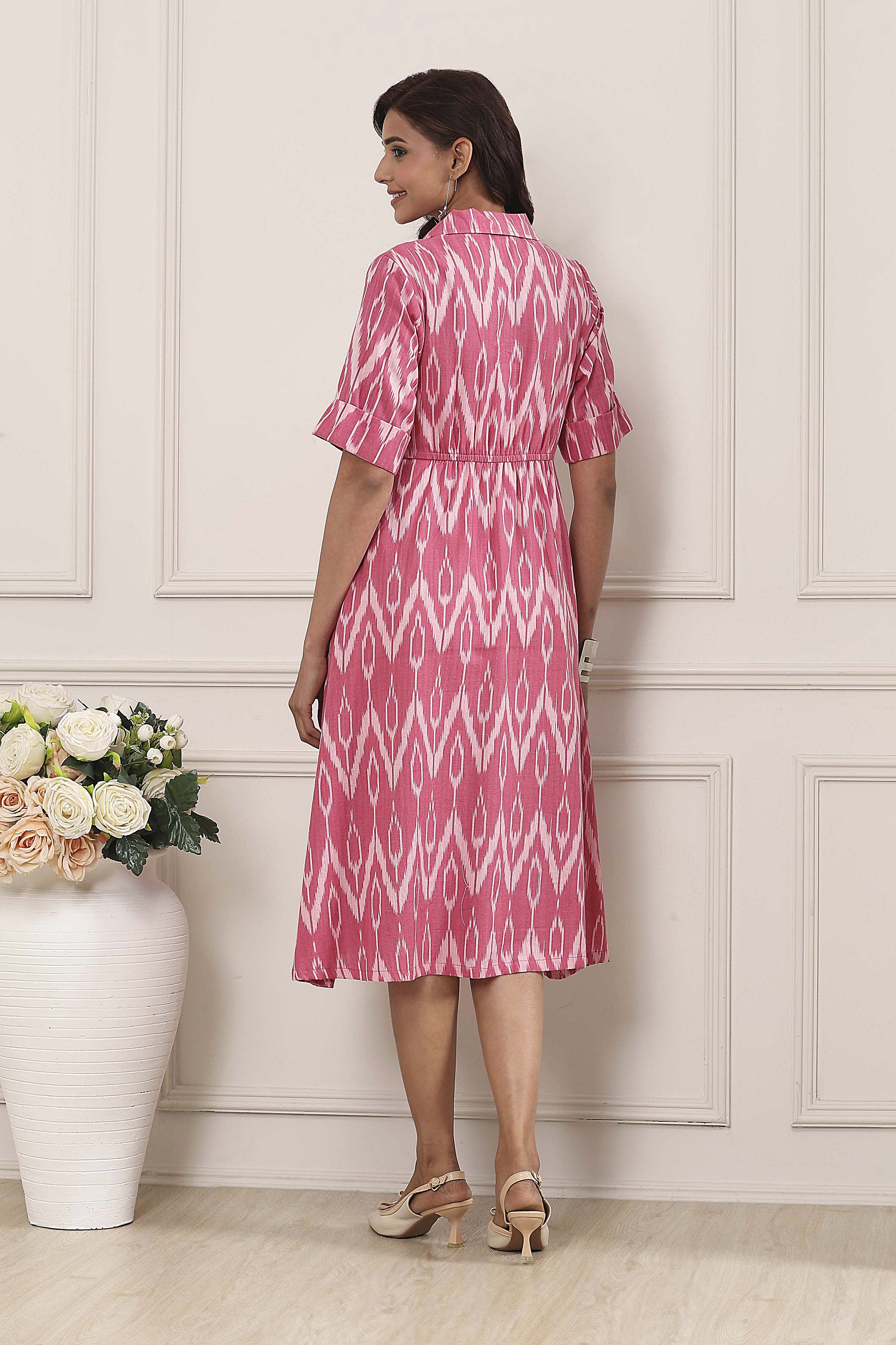 Pink Cotton Ikat Printed Flared Dress image number 3