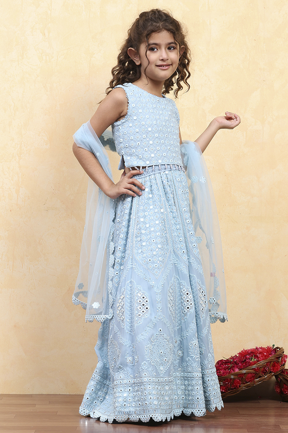 Blue Viscose Embroidered Kalidar Lehenga Set image number 5