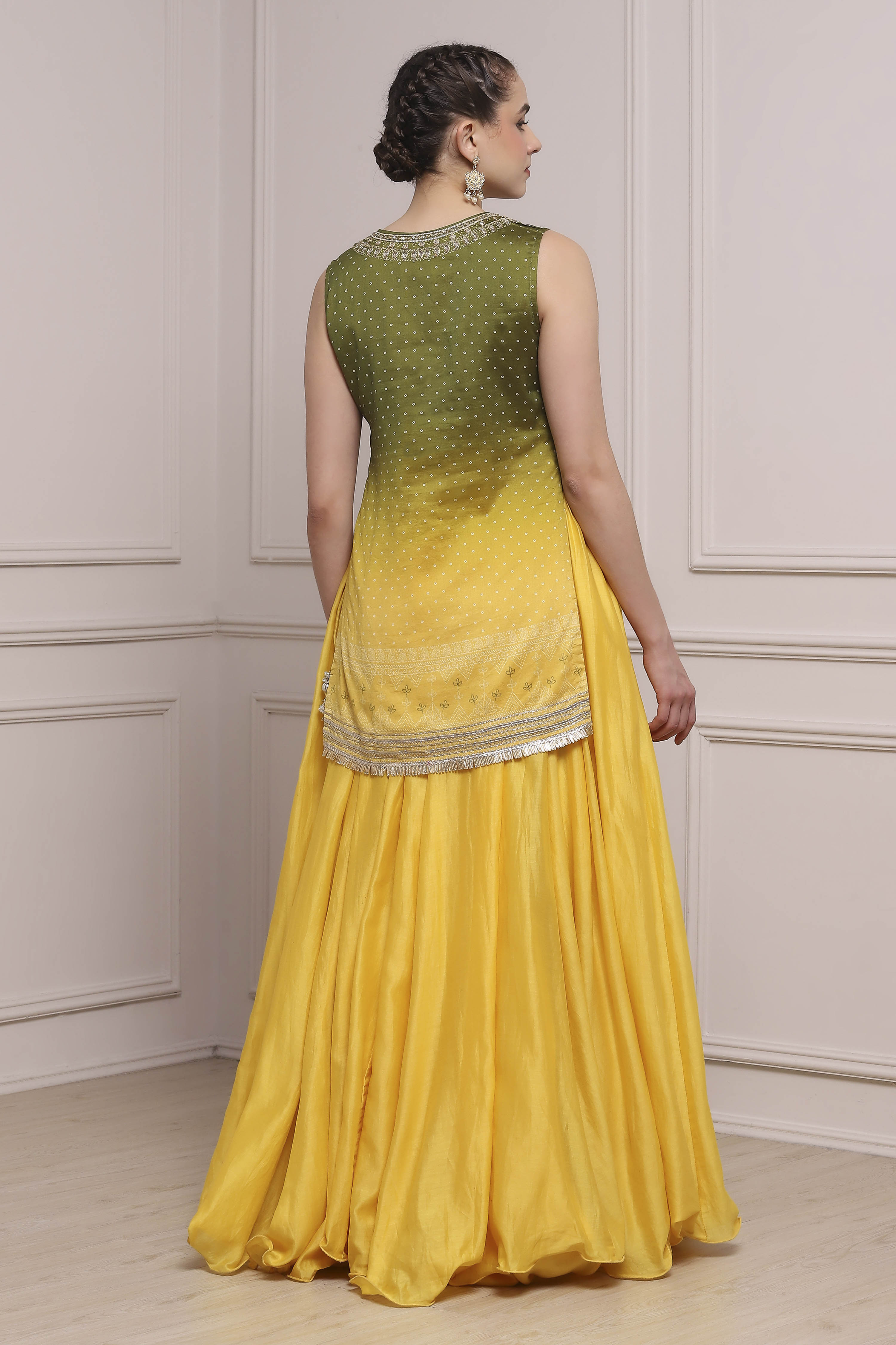 Yellow Olive Cotton Silk Straight Lehenga Set image number 4
