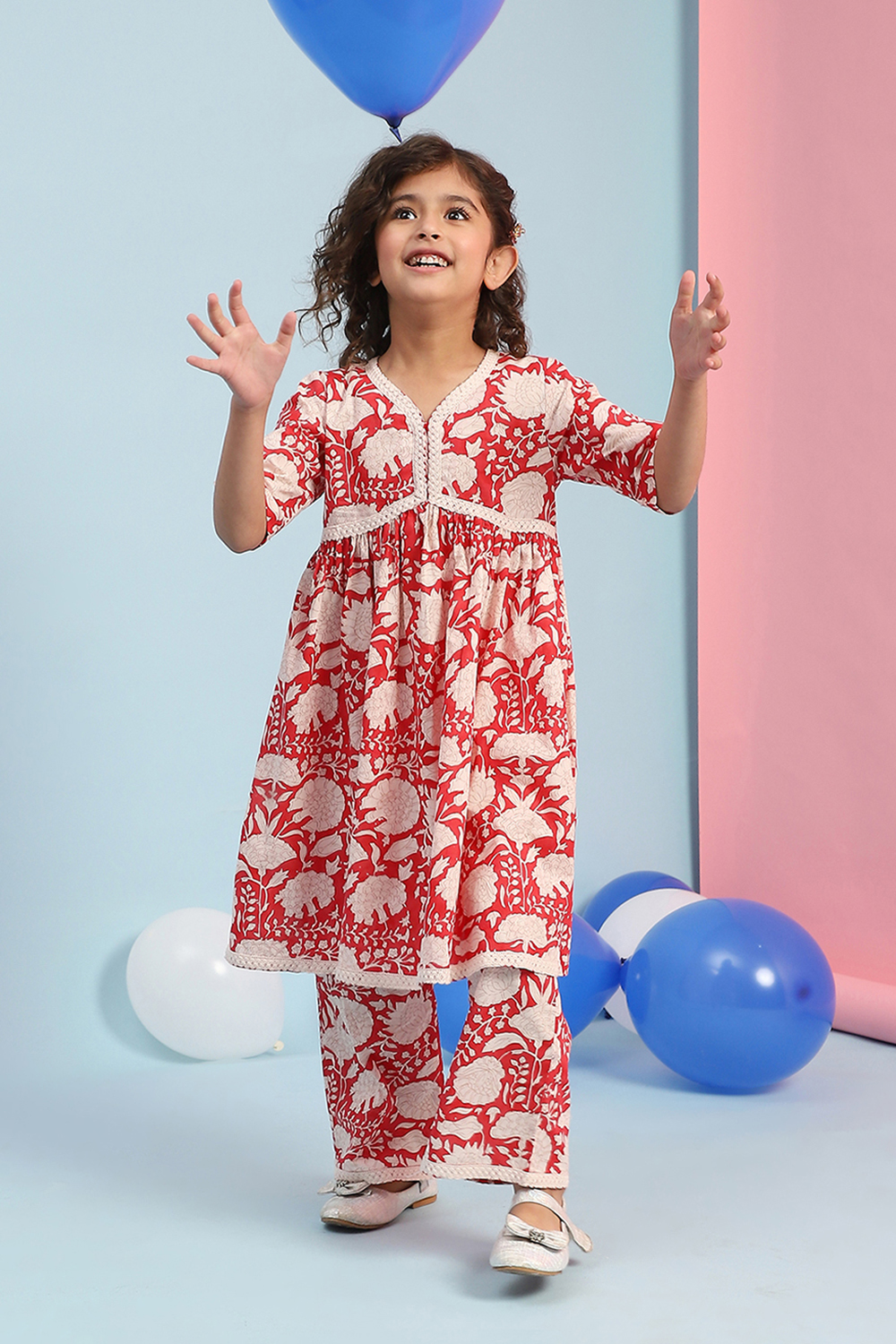 Blush Pink Cotton Printed Gathered Kurta Set image number 1