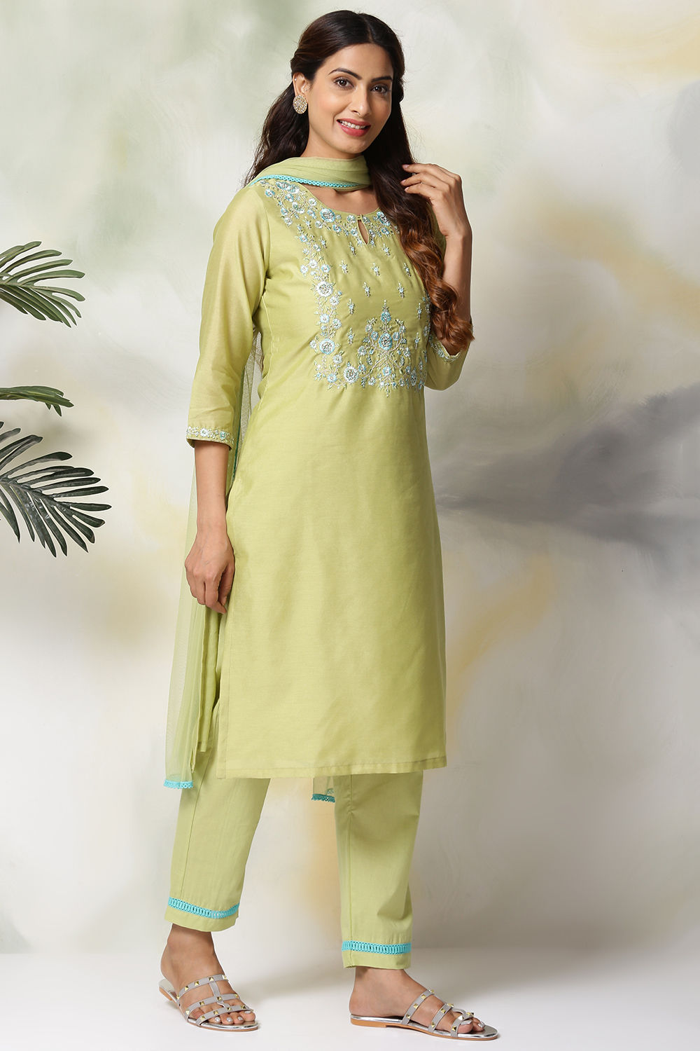 Peach Cotton Blend A-Line Kurta Pants Suit Set image number 6