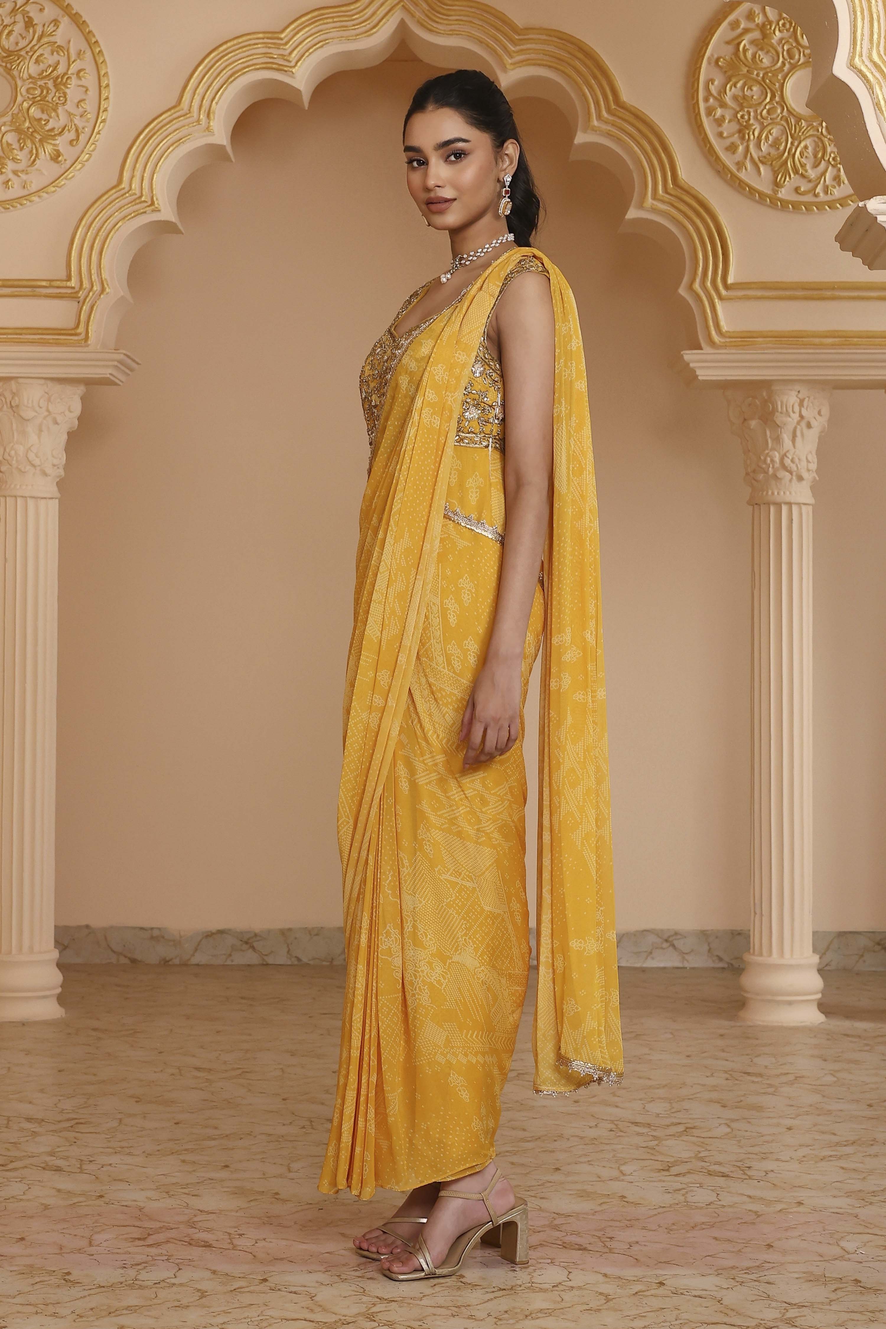 Yellow Poly Georgette Digital Printed Gown Saree image number 2
