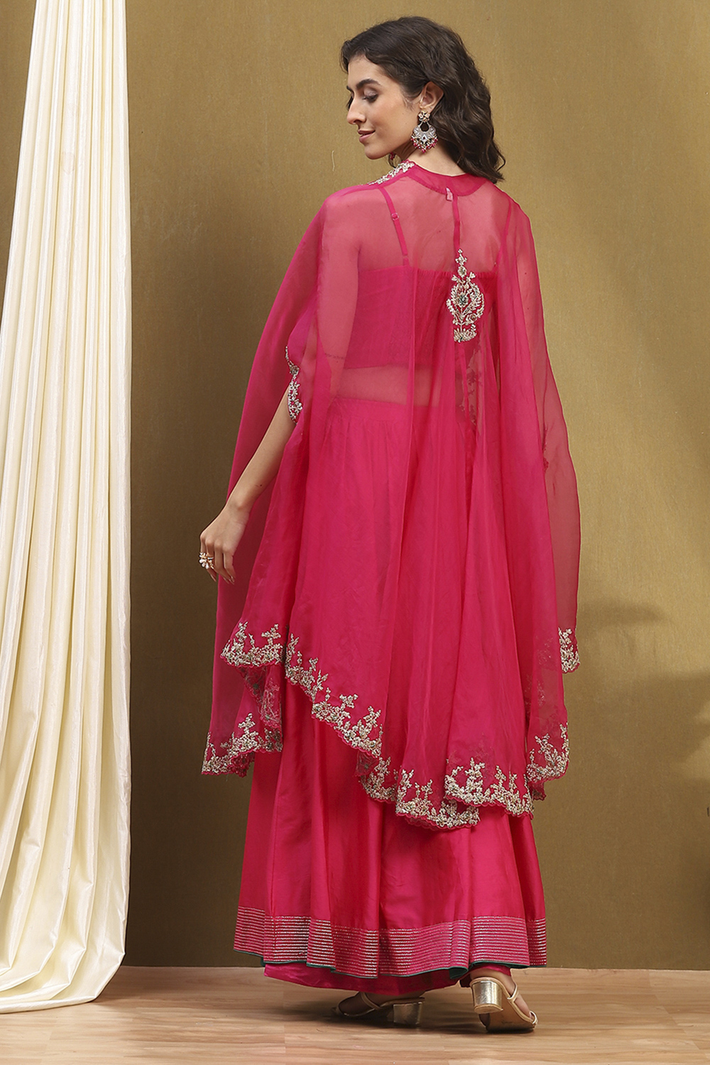 Fuchsia Silk Chanderi Festive Lightweight Flared Lehenga Set image number 4